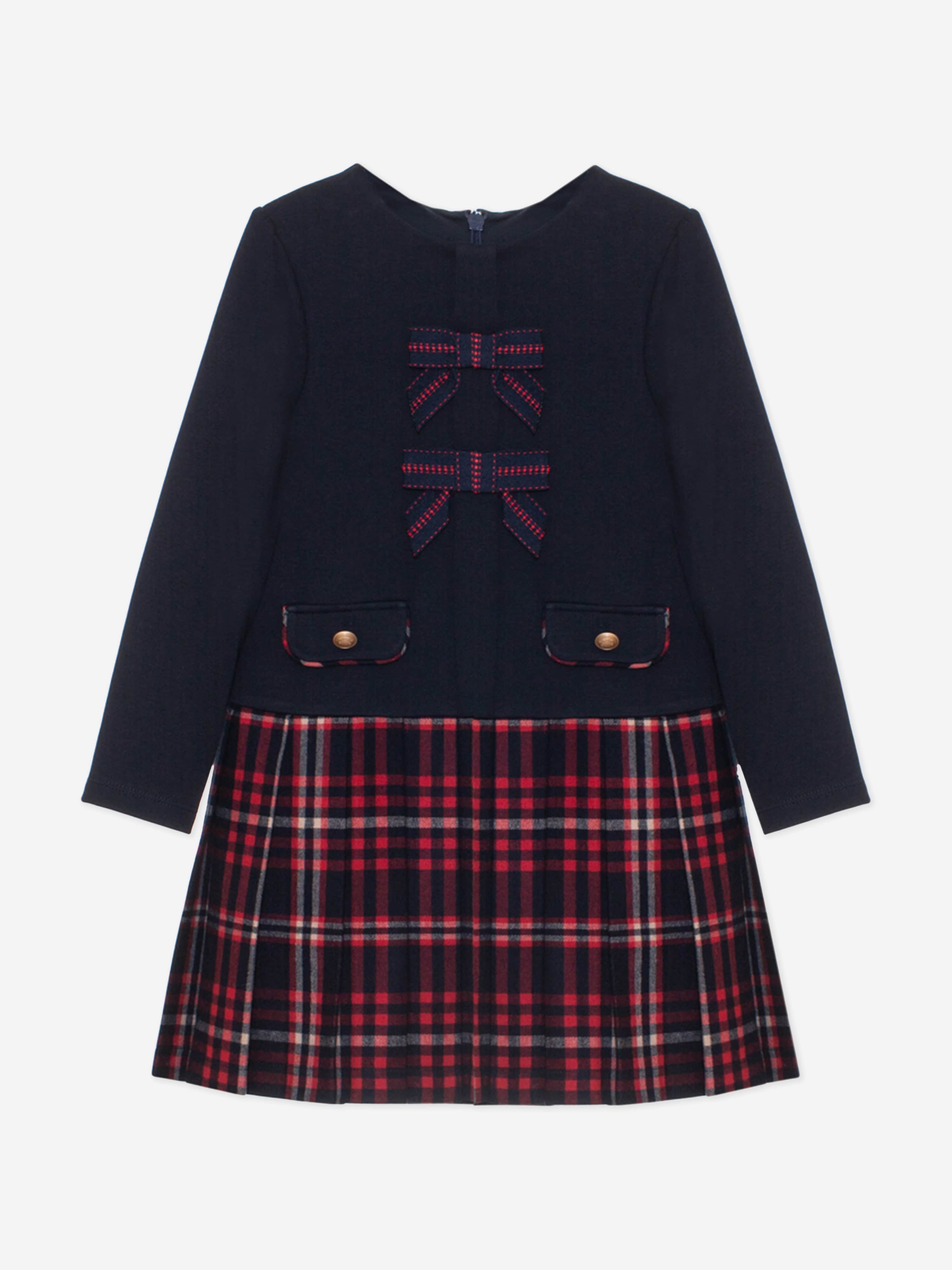 Girls Jersey and Tartan Flannel Dress in Navy