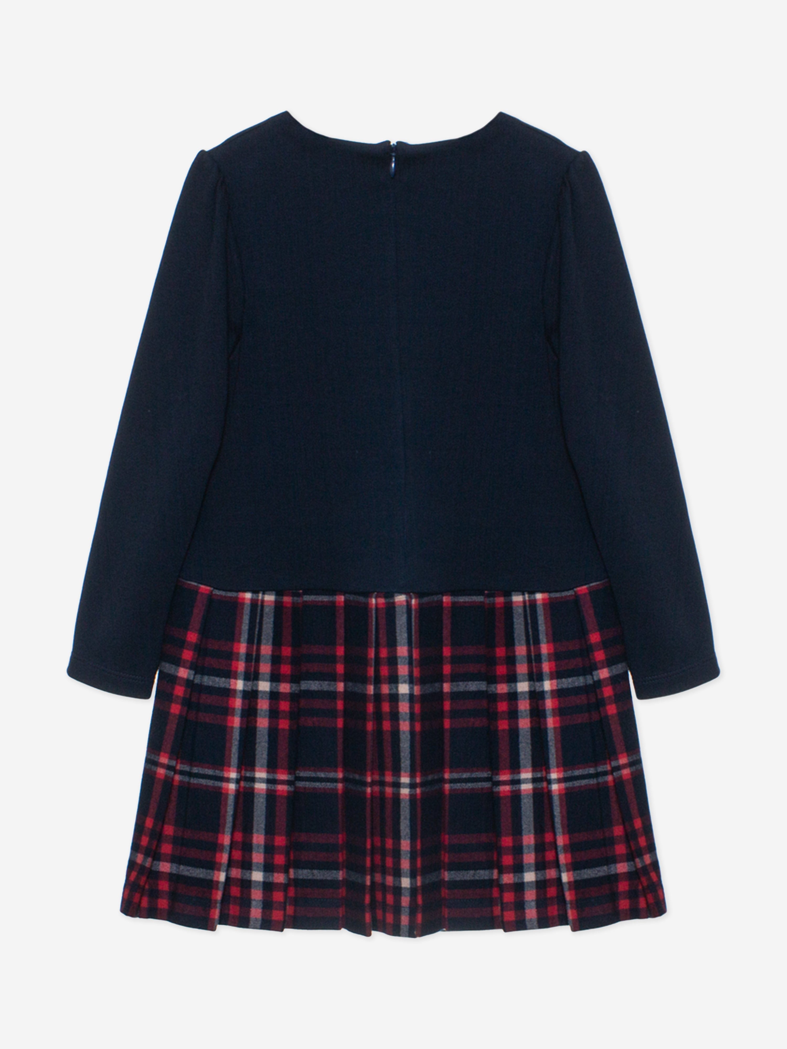 Girls Jersey and Tartan Flannel Dress in Navy