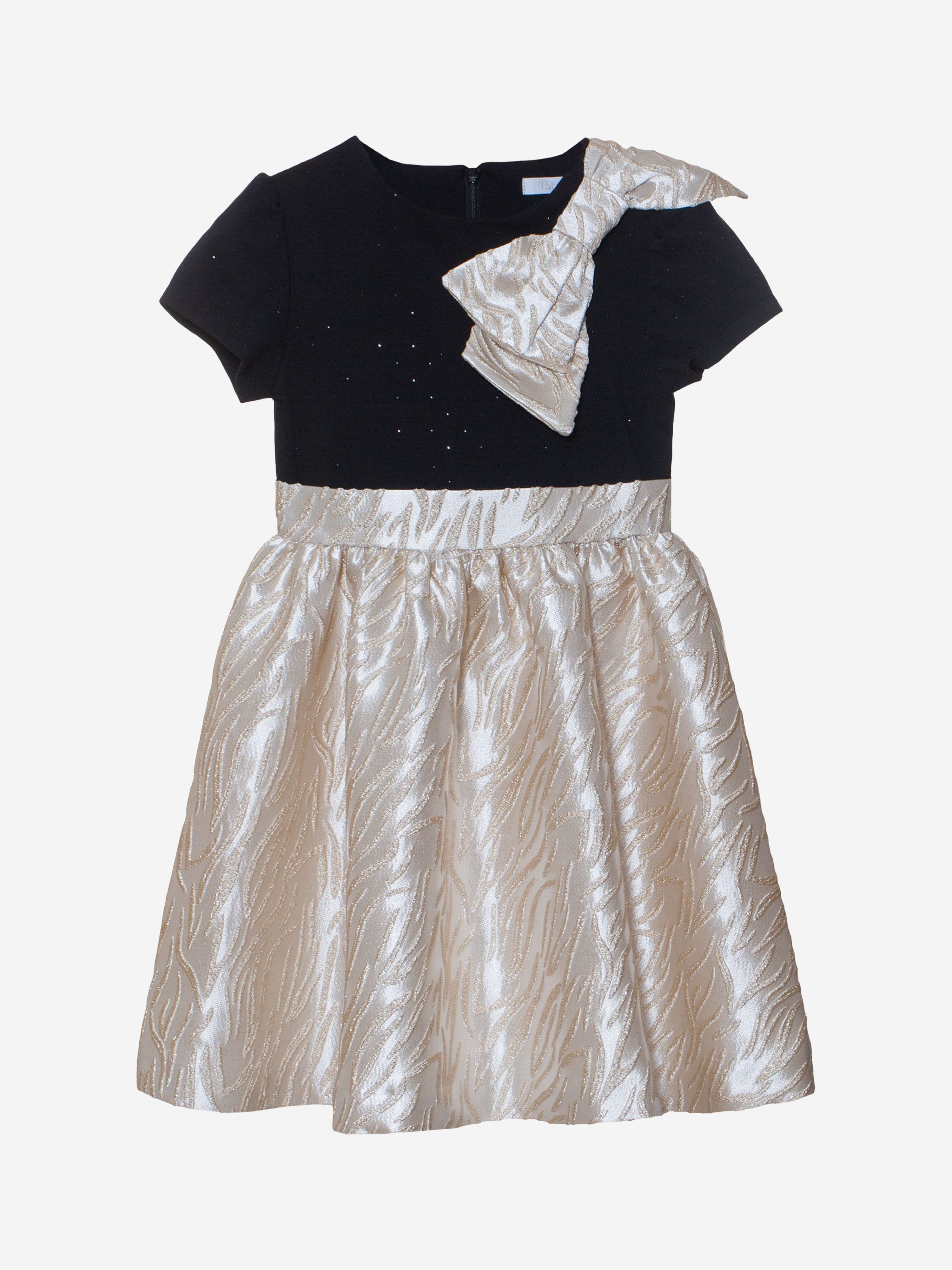 Girls Jaquard Bow Party Dress in Gold