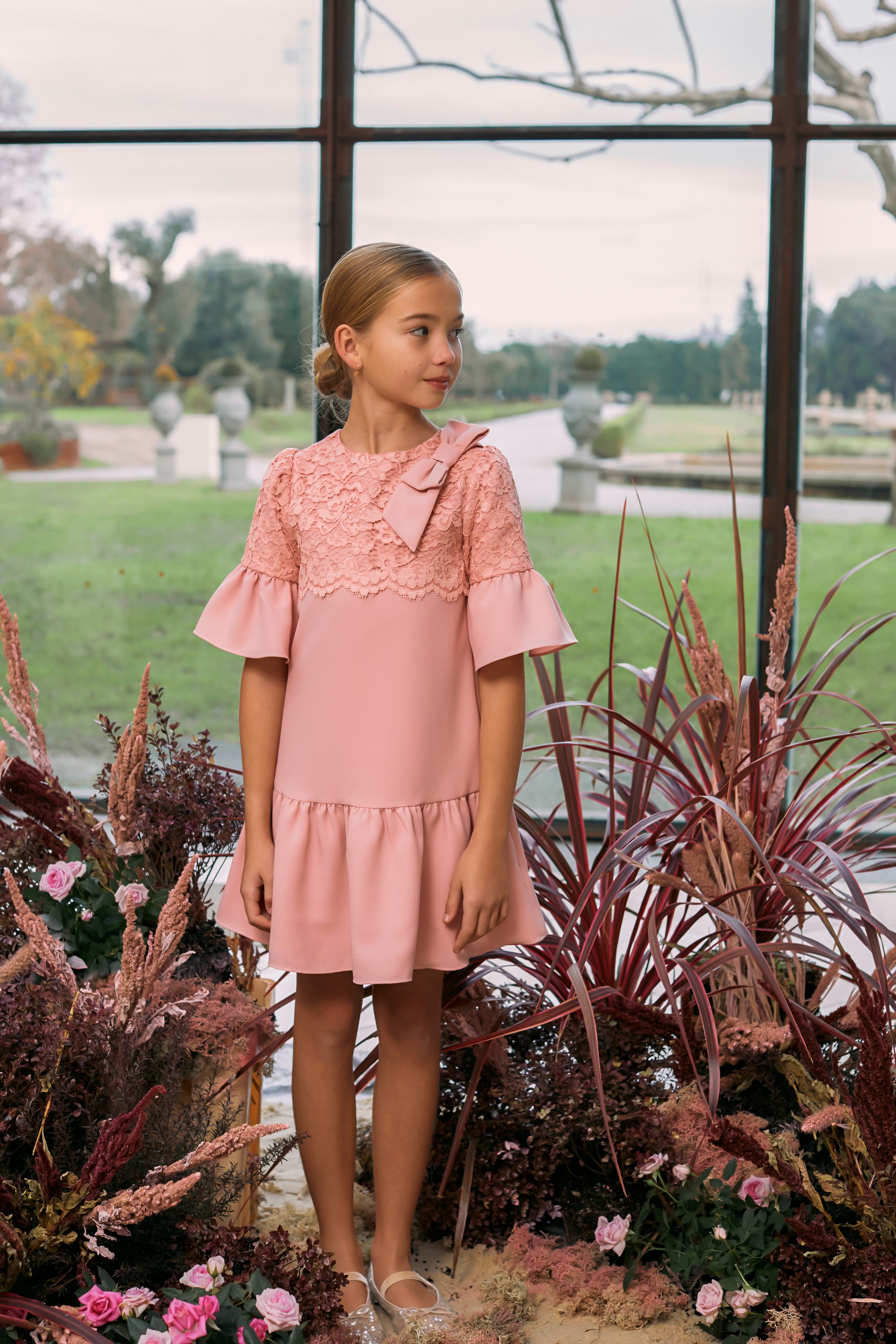 Girls Crepe and Lace Dress in Pink