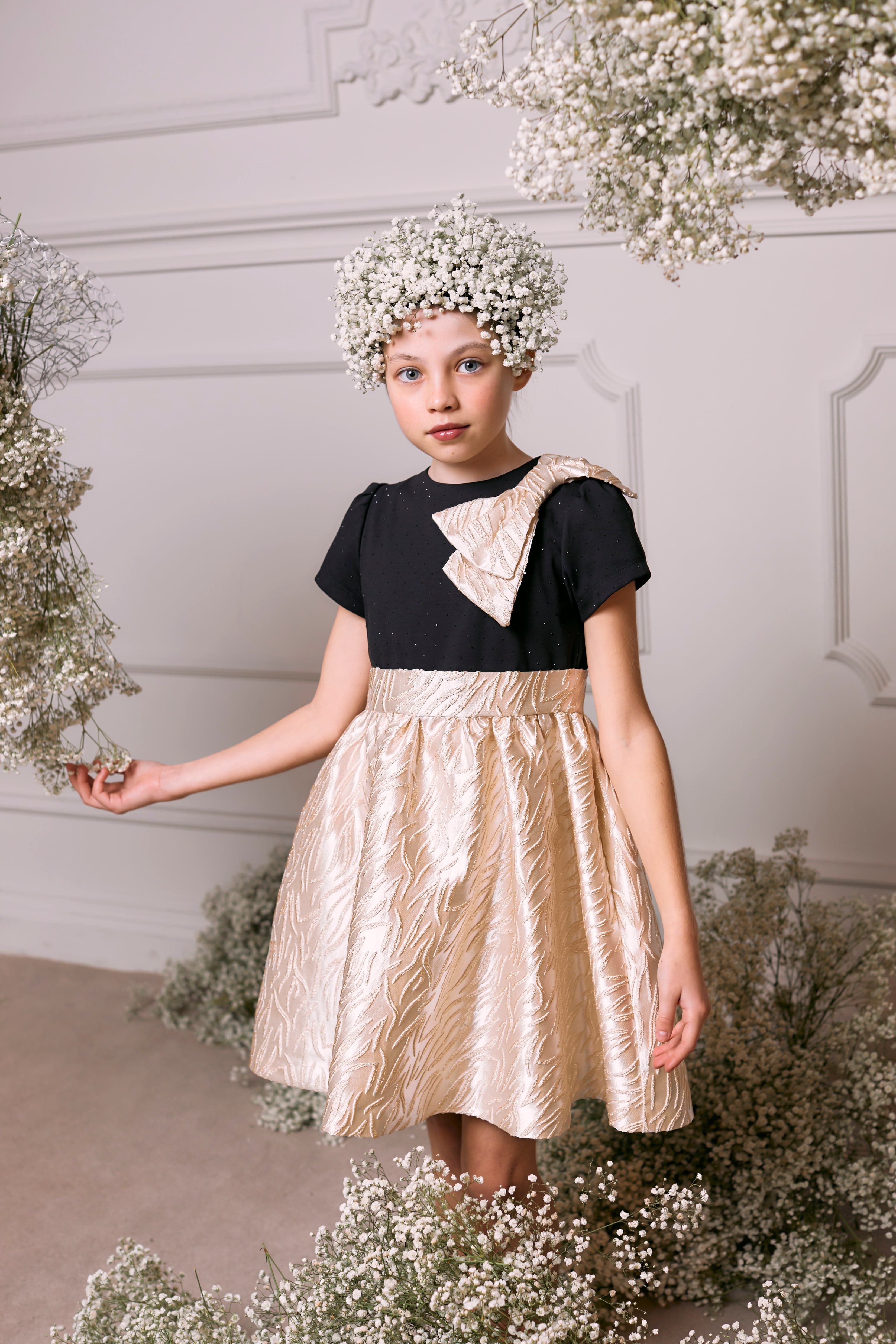 Girls Jaquard Bow Party Dress in Gold