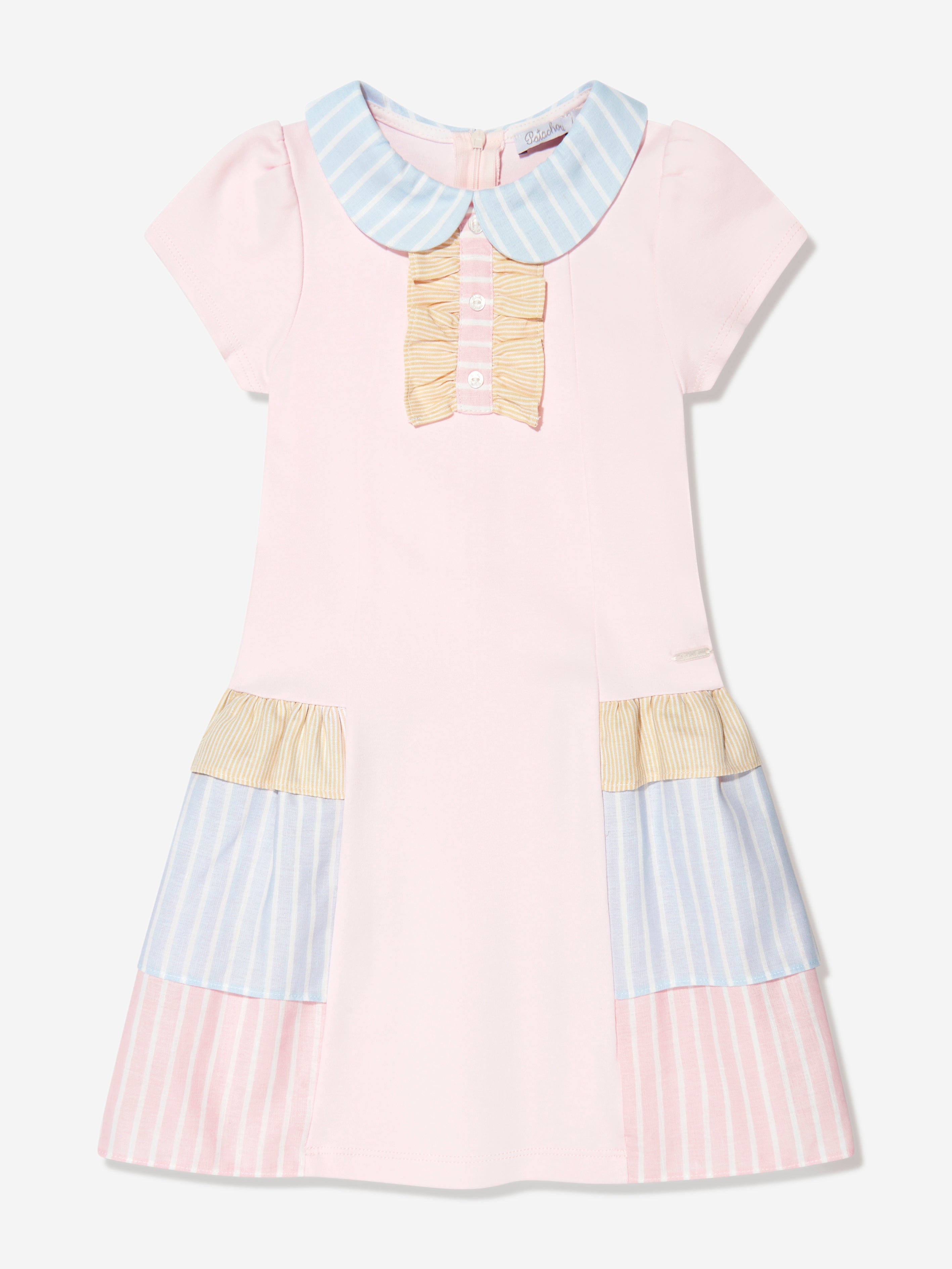 Patachou Girls Jersey Dress With Striped Trim in Pink