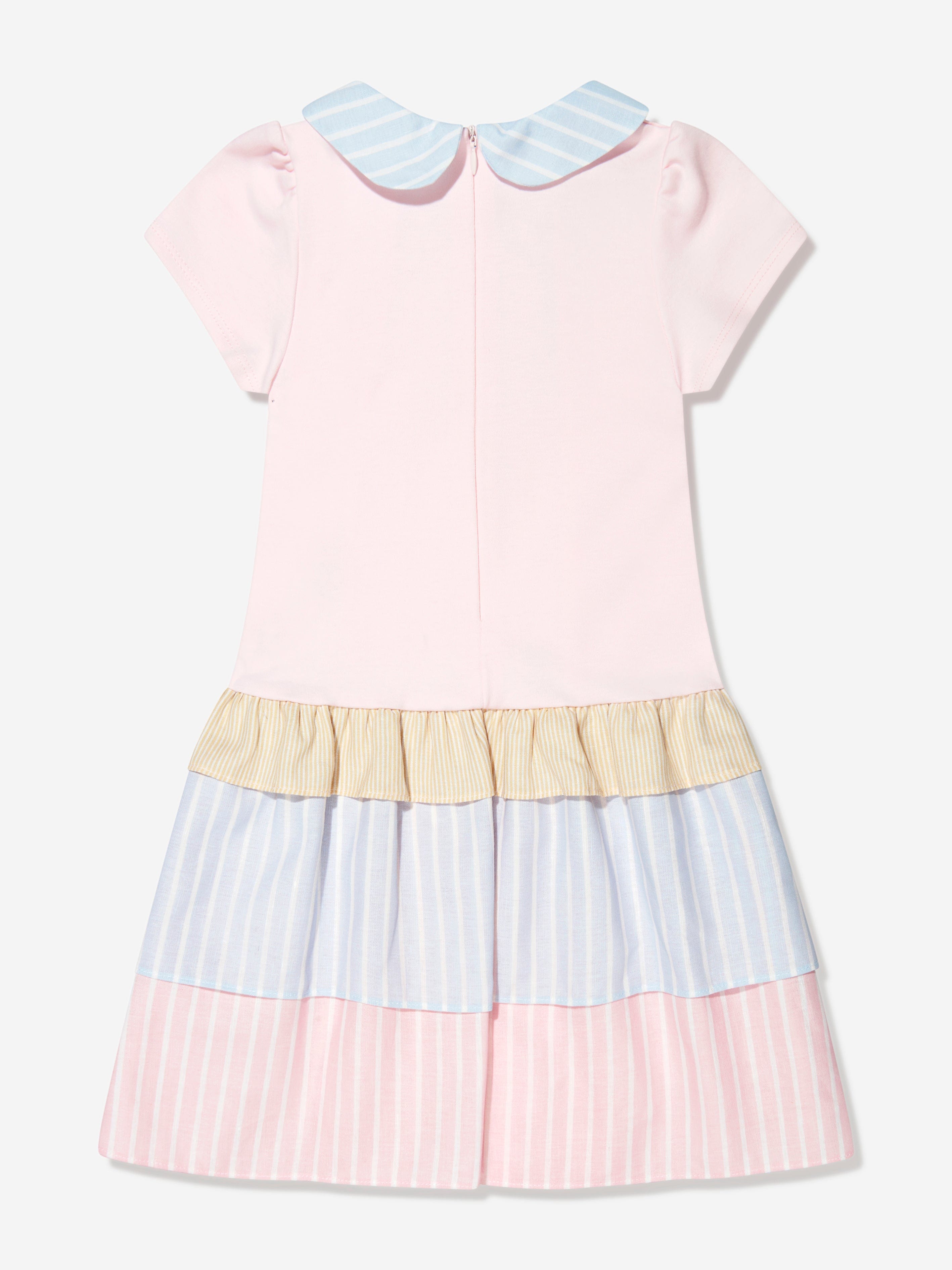 Patachou Girls Jersey Dress With Striped Trim in Pink