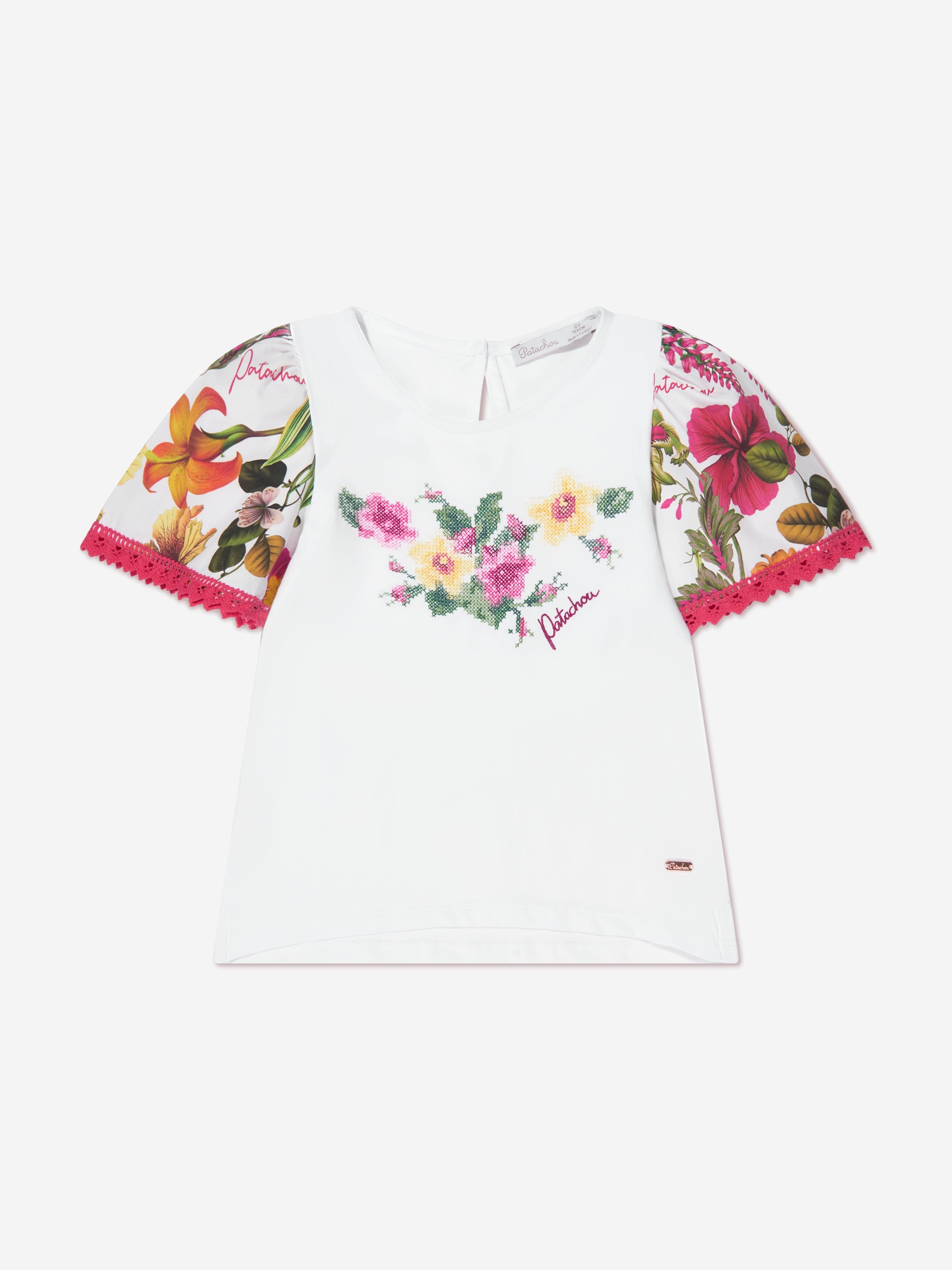 Patachou Girls Botanical Ruffle Sleeve T-Shirt in White