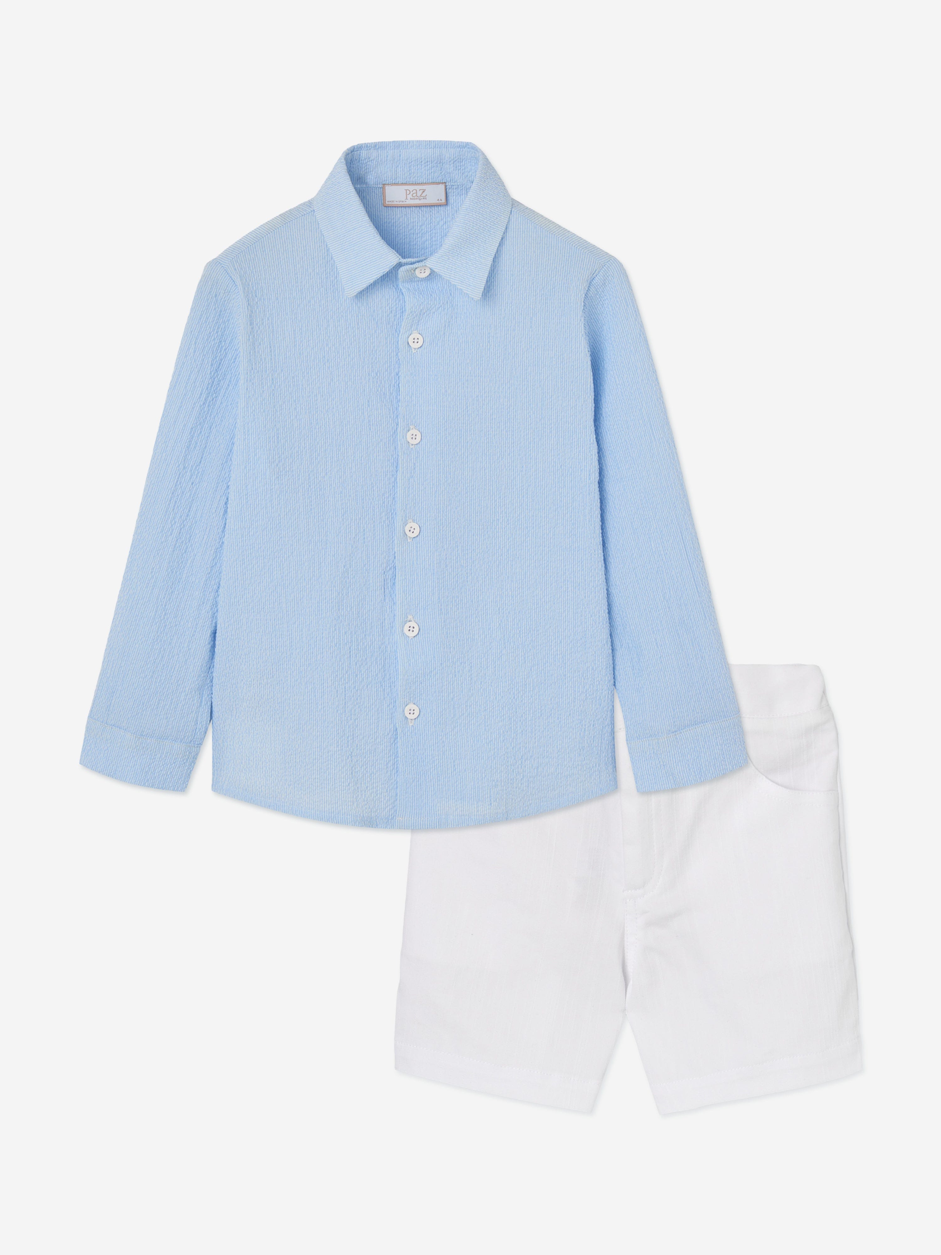 Paz Rodriguez Boys Cotton Shirt and Shorts Set in Blue