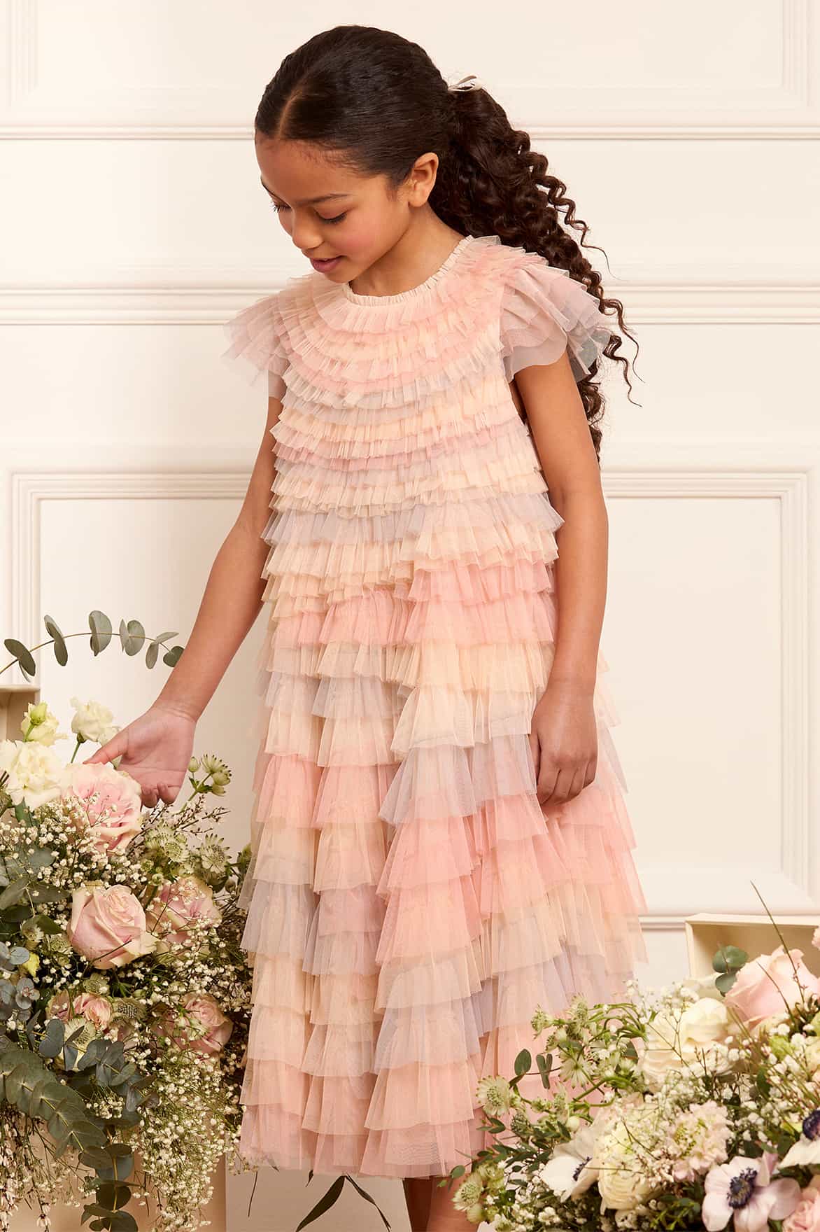 Needle & Thread Girls Tulle Petra Ruffle Dress in Pink
