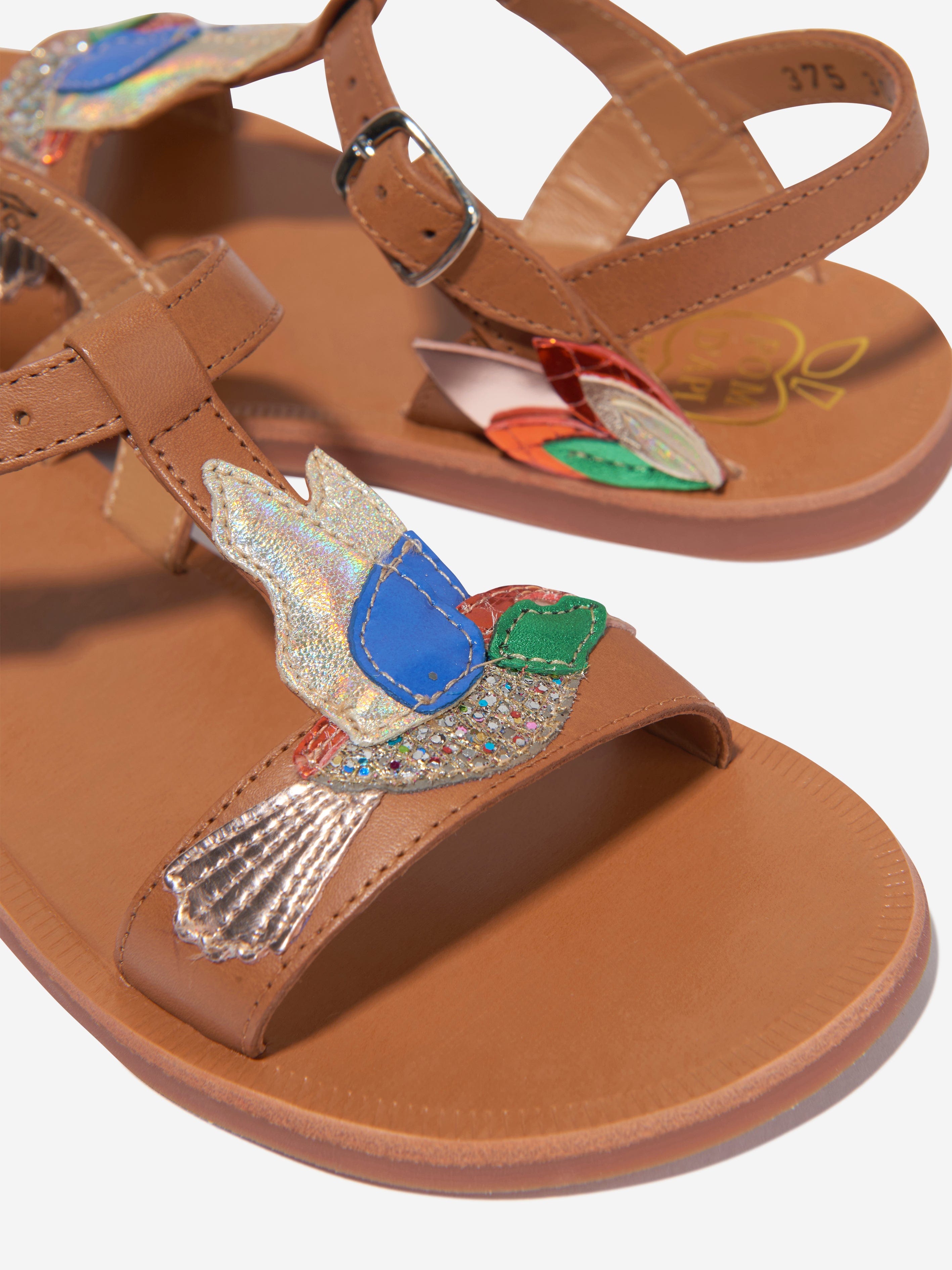 Pom D'Api Girls Leather Plagette Hummingbird Sandals in Camel