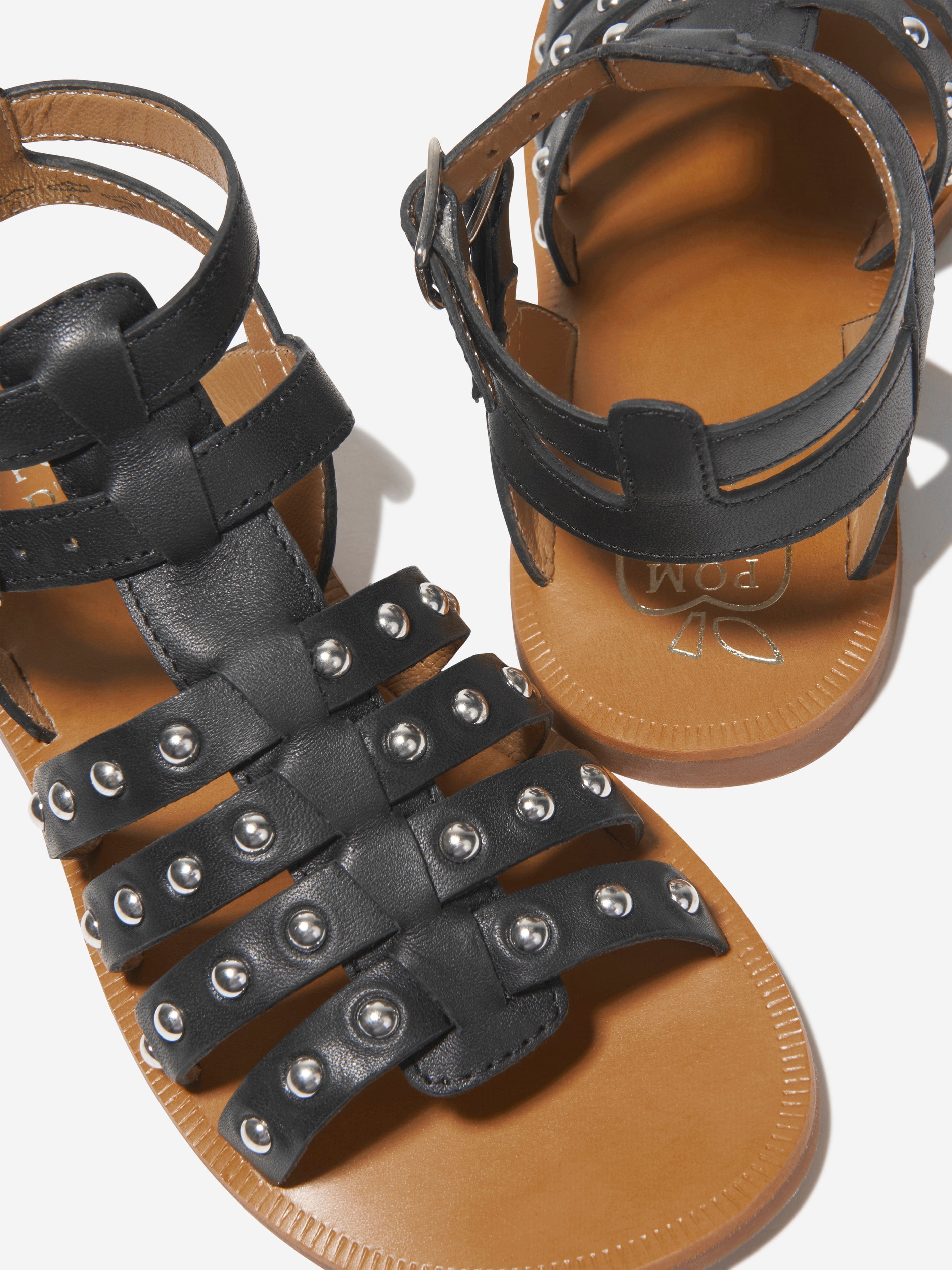 Pom D'Api Girls Leather Plagette Stud Sandals in Black