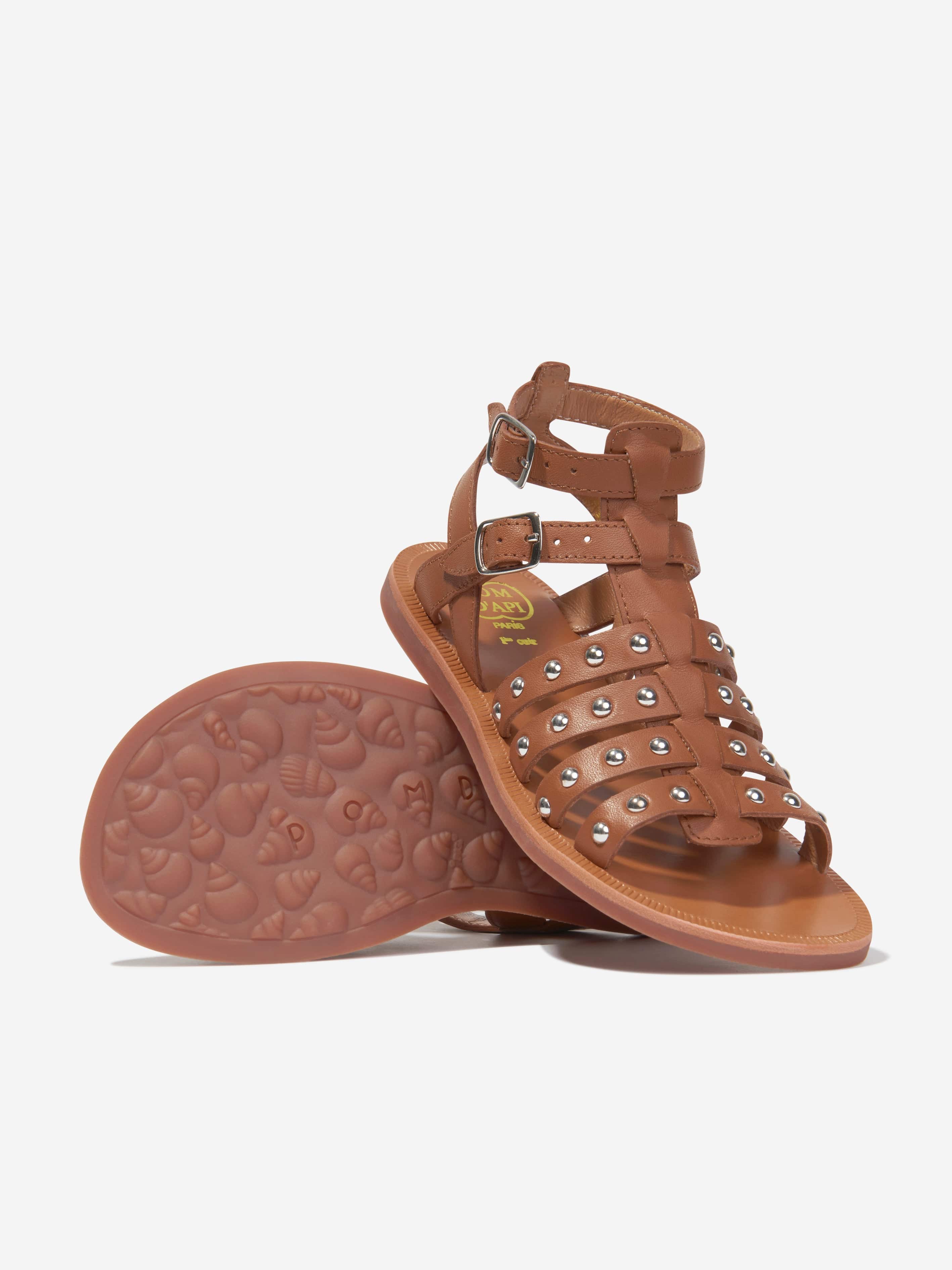 Pom D'Api Girls Leather Plagette Stud Sandals in Camel