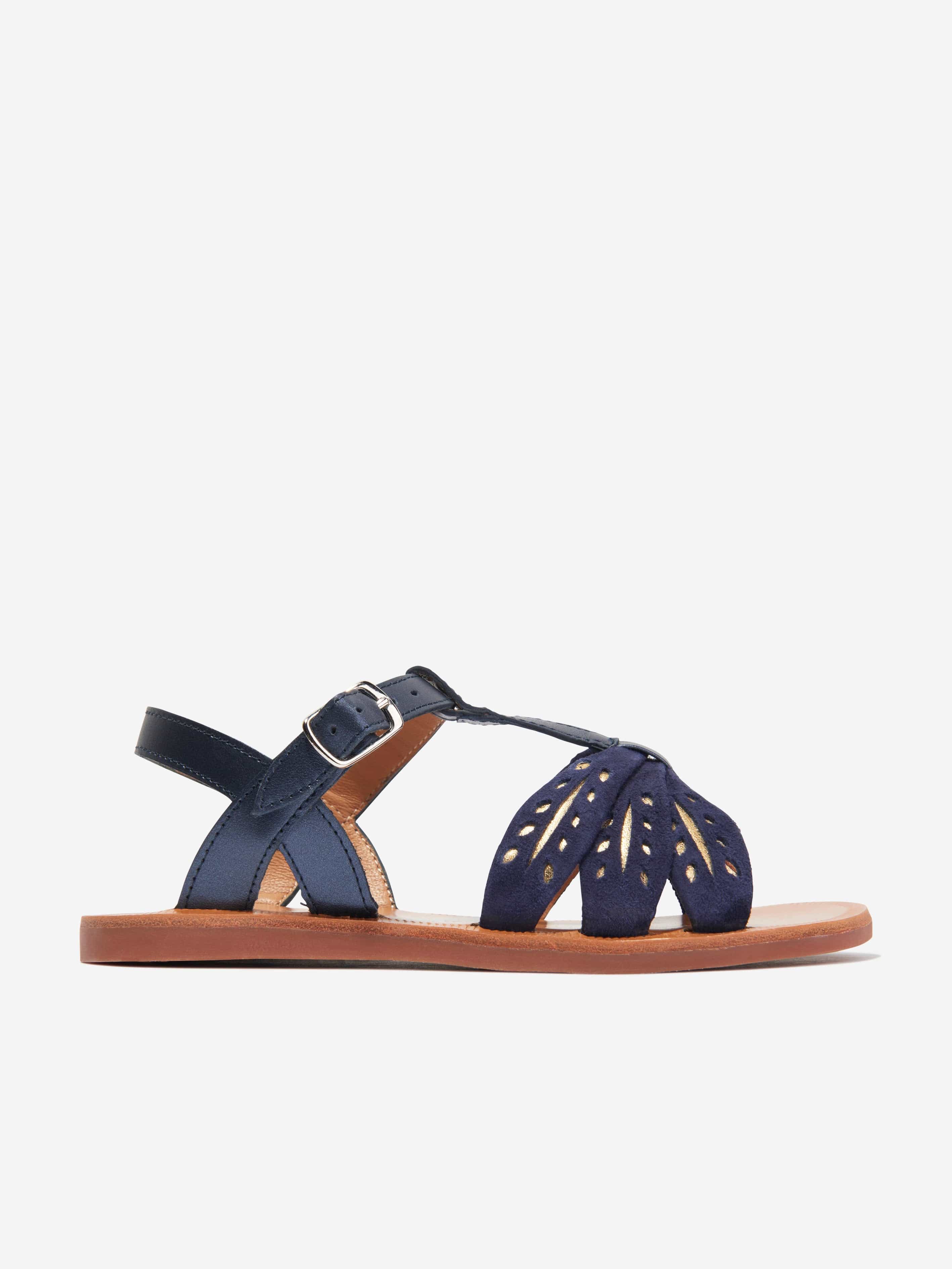 Pom D'Api Girls Leather Plagette Wheat Sandals in Navy