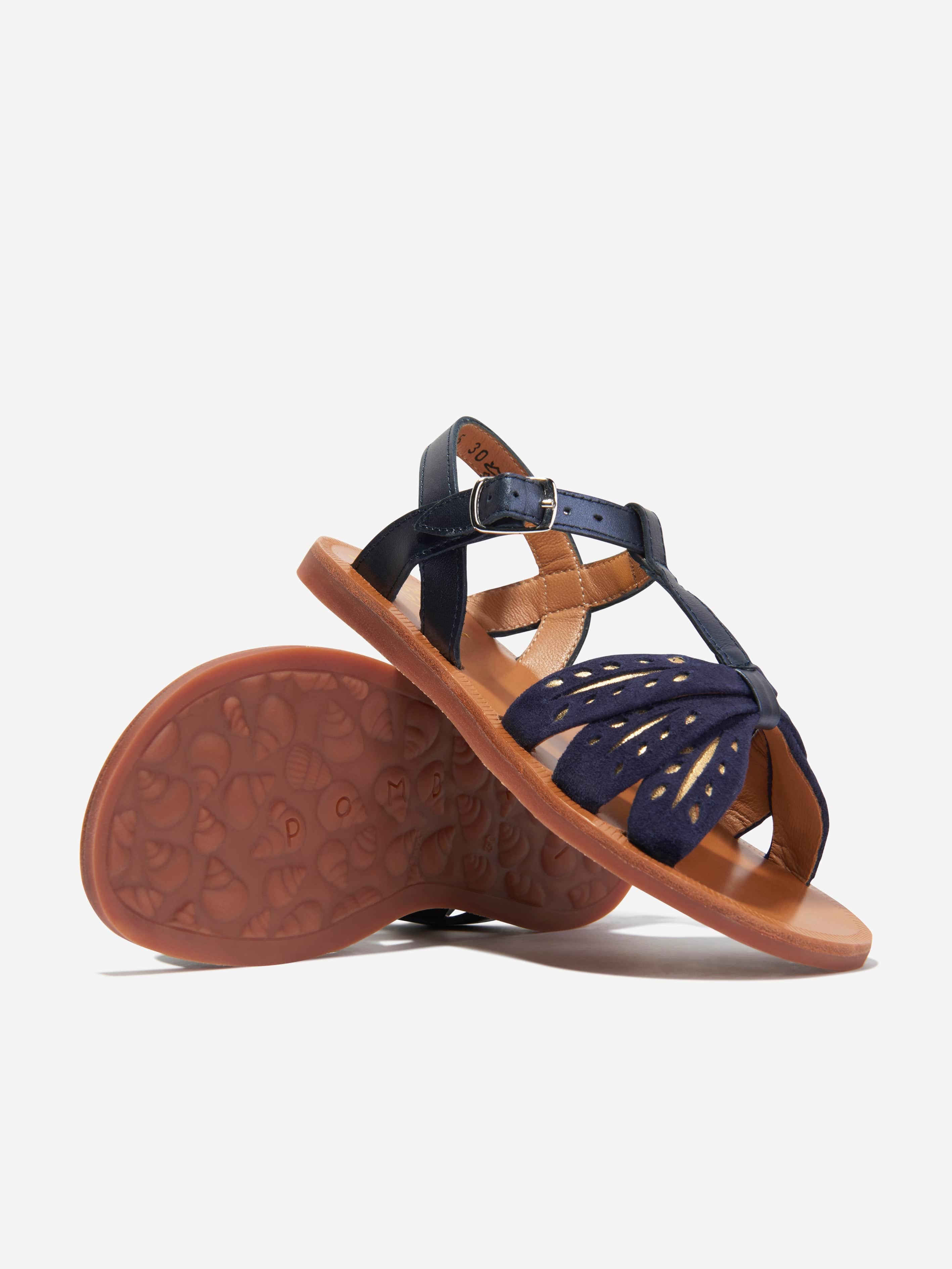 Pom D'Api Girls Leather Plagette Wheat Sandals in Navy