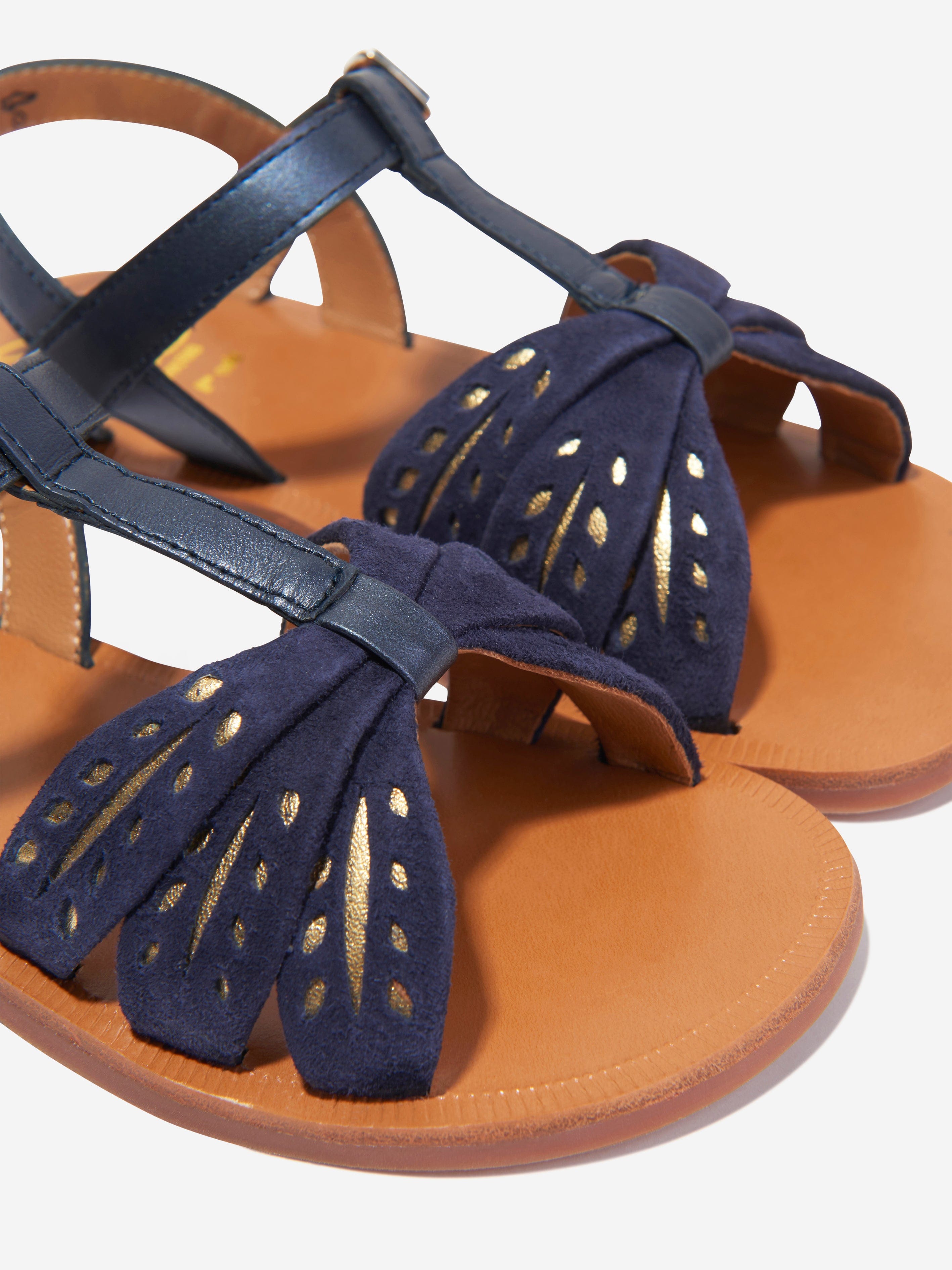 Pom D'Api Girls Leather Plagette Wheat Sandals in Navy