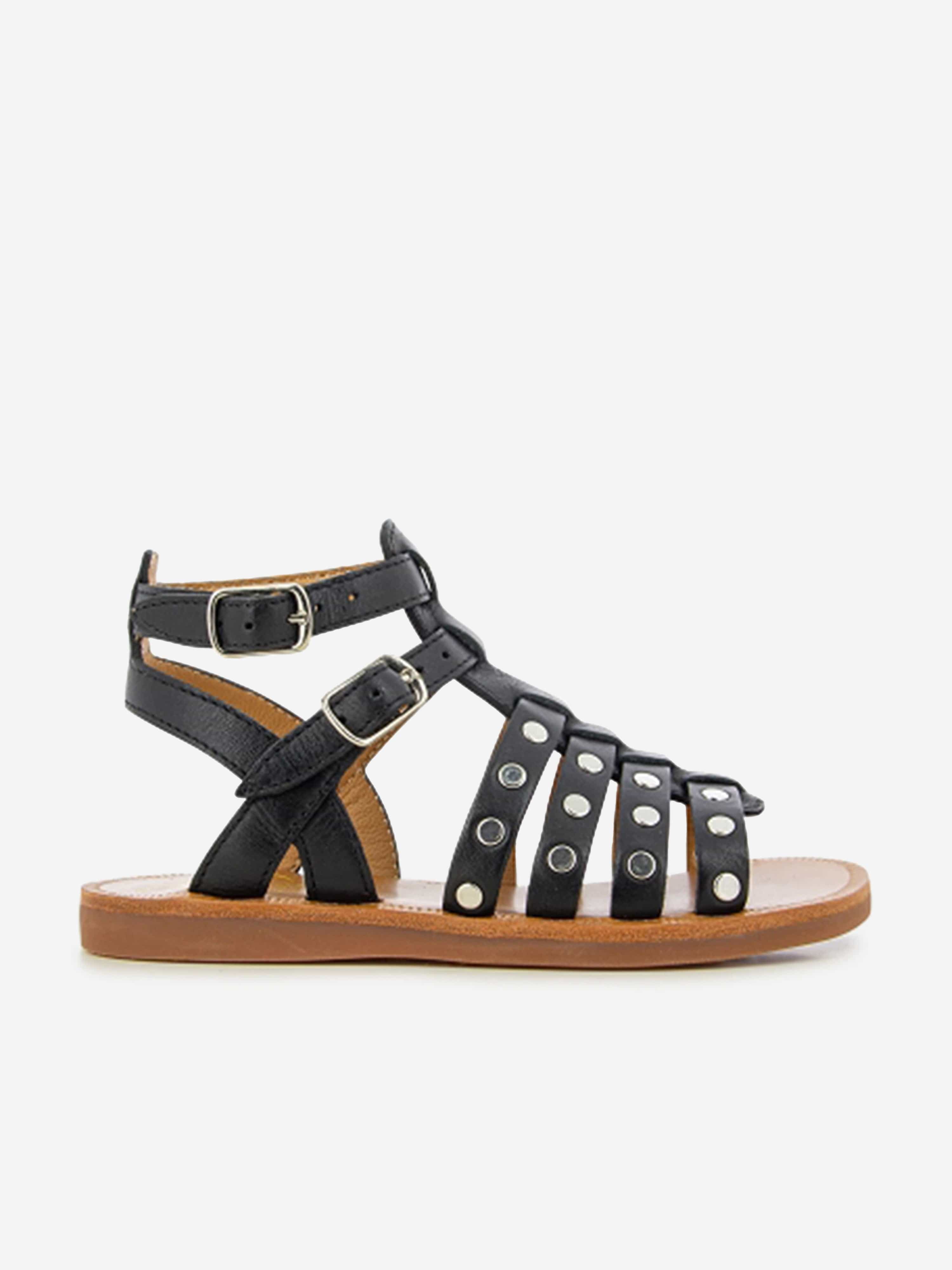 Pom D'Api Girls Leather Plagette Stud Sandals in Black