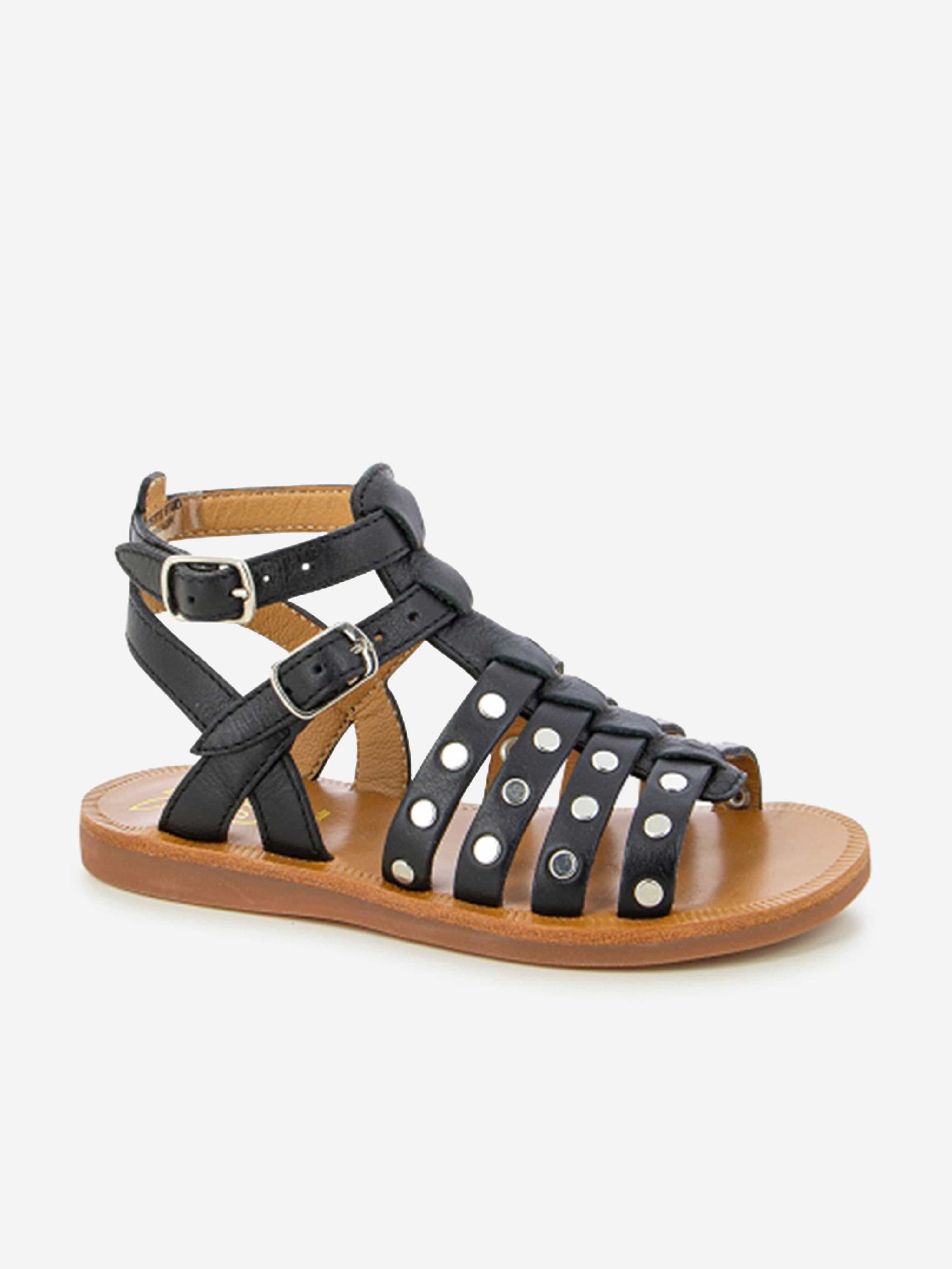 Pom D'Api Girls Leather Plagette Stud Sandals in Black