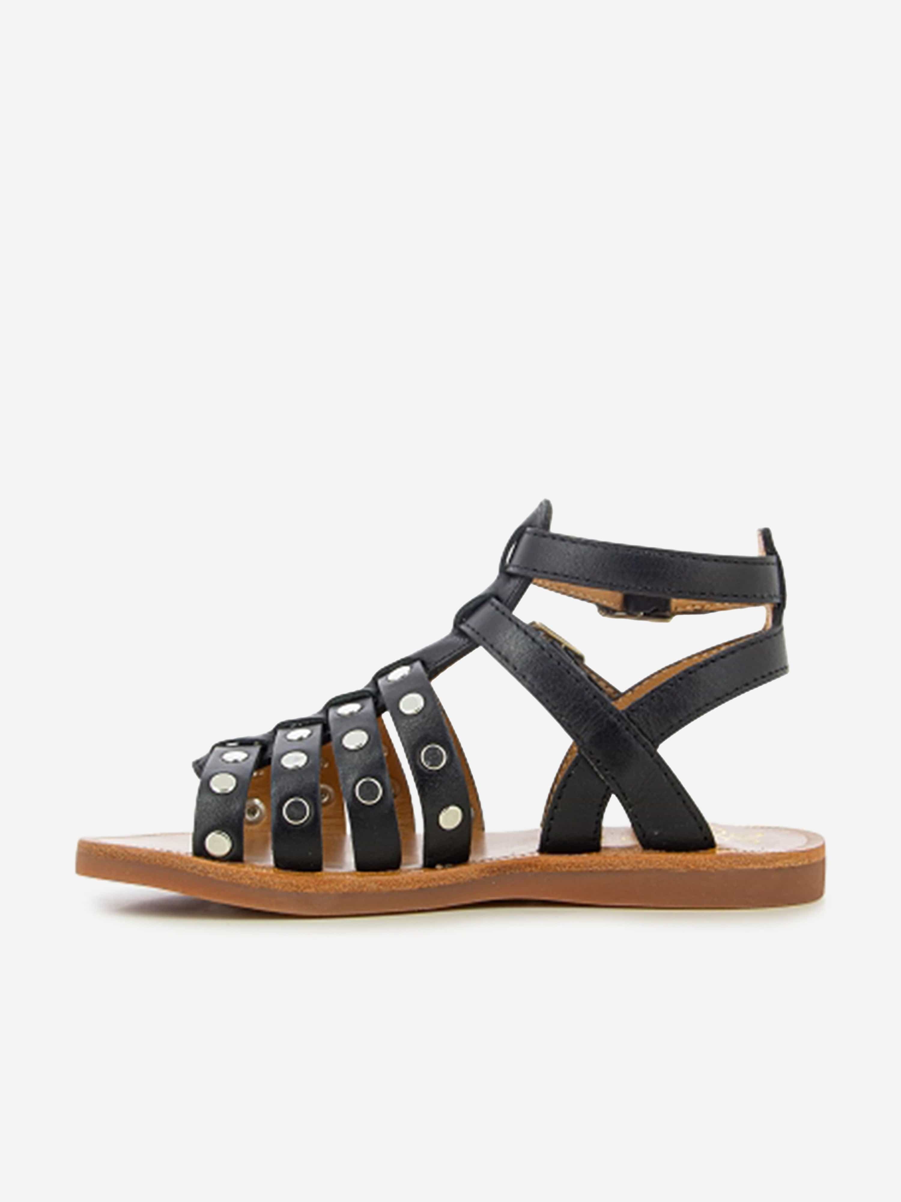 Pom D'Api Girls Leather Plagette Stud Sandals in Black