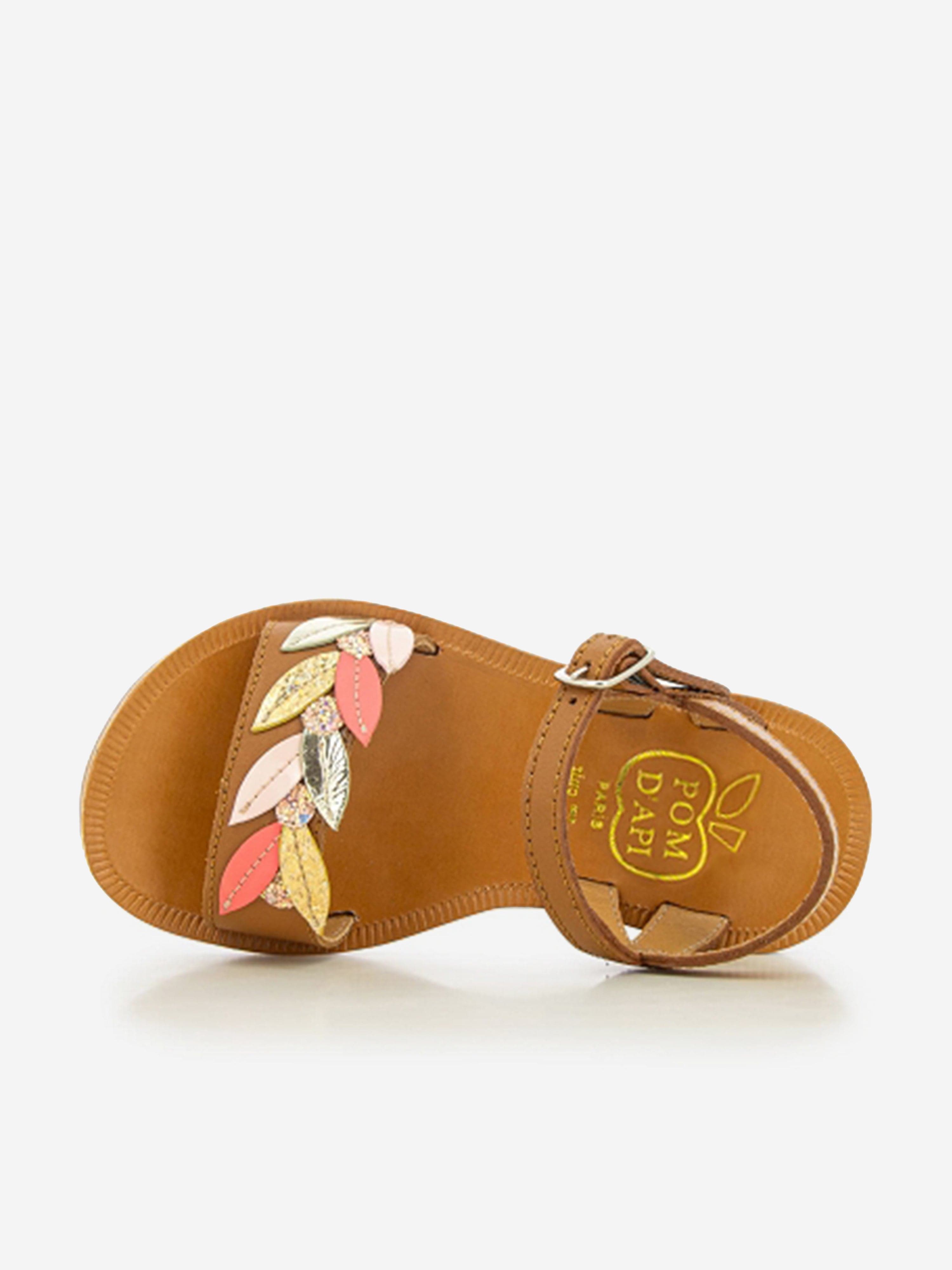 Pom D'Api Girls Leather Plagette Tender Sandals in Brown