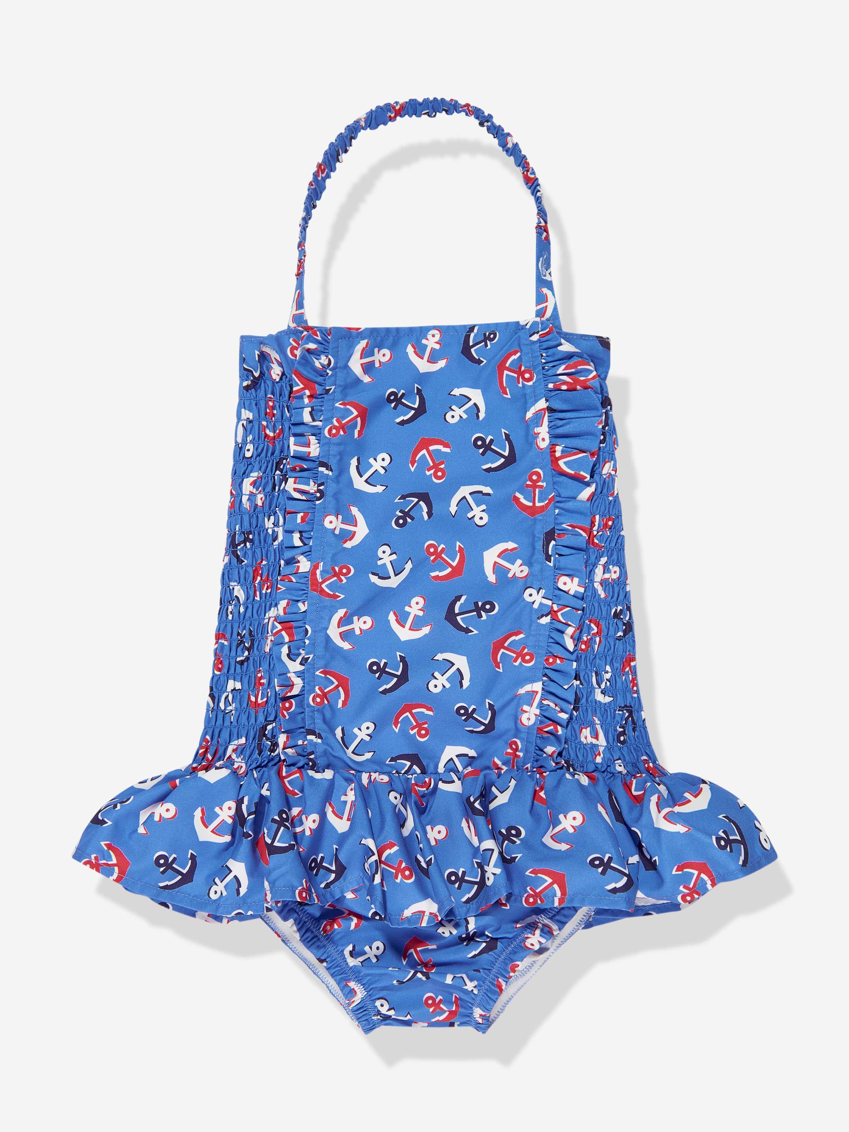 Rachel Riley Girls Anchor Ruched Swimsuit in Blue