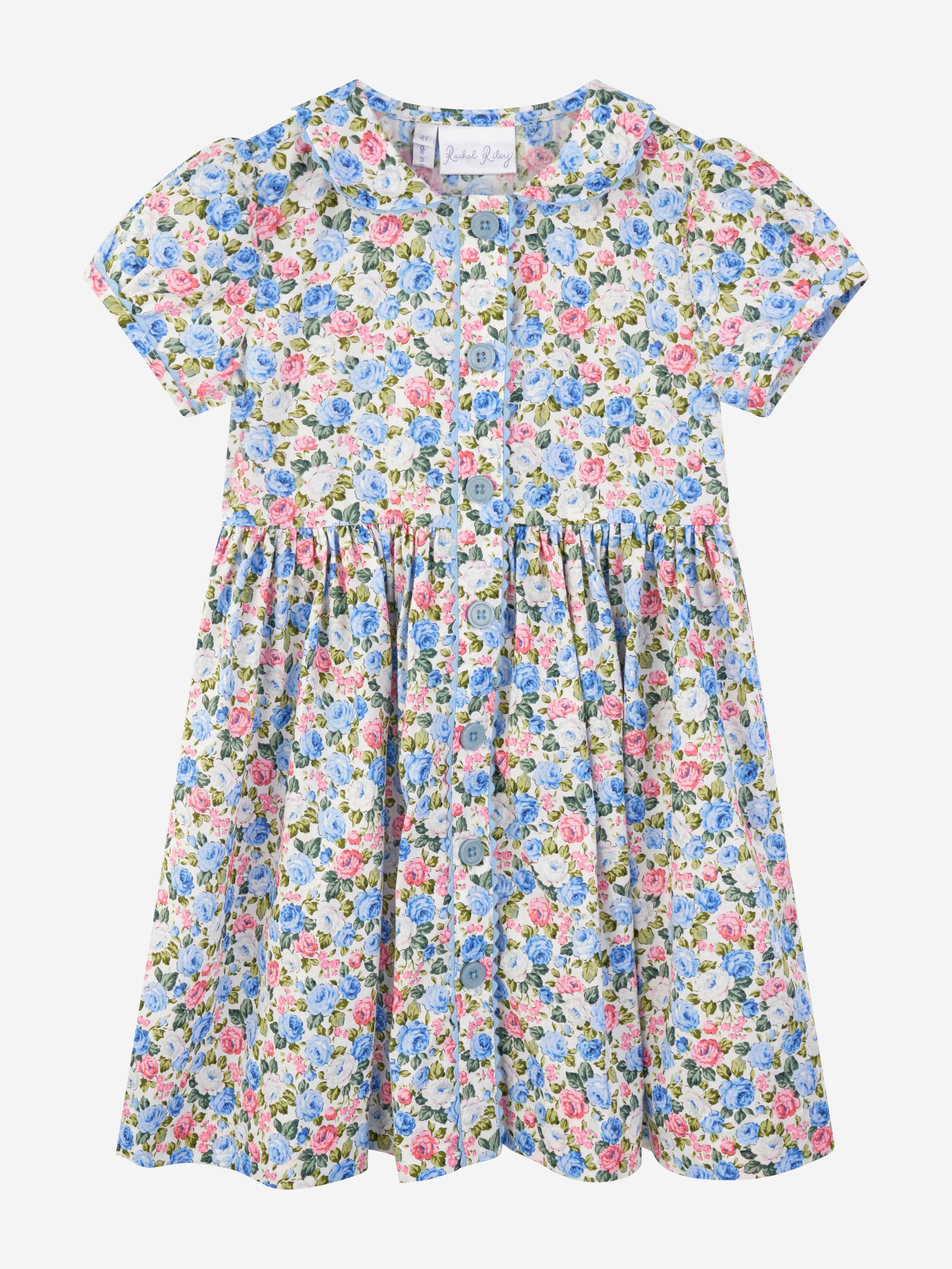 Rachel Riley Girls Rose Button Front Dress in Blue