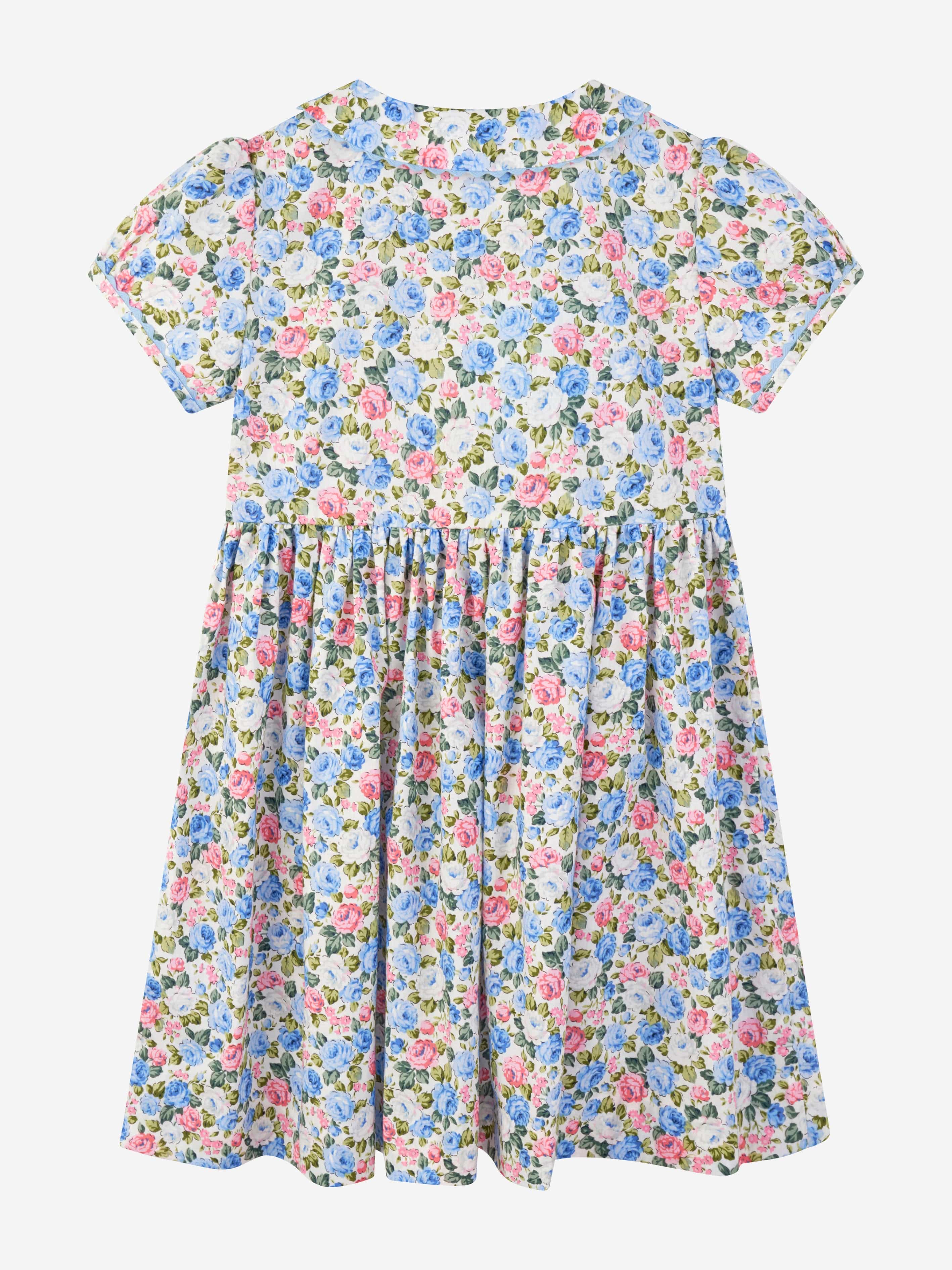 Rachel Riley Girls Rose Button Front Dress in Blue