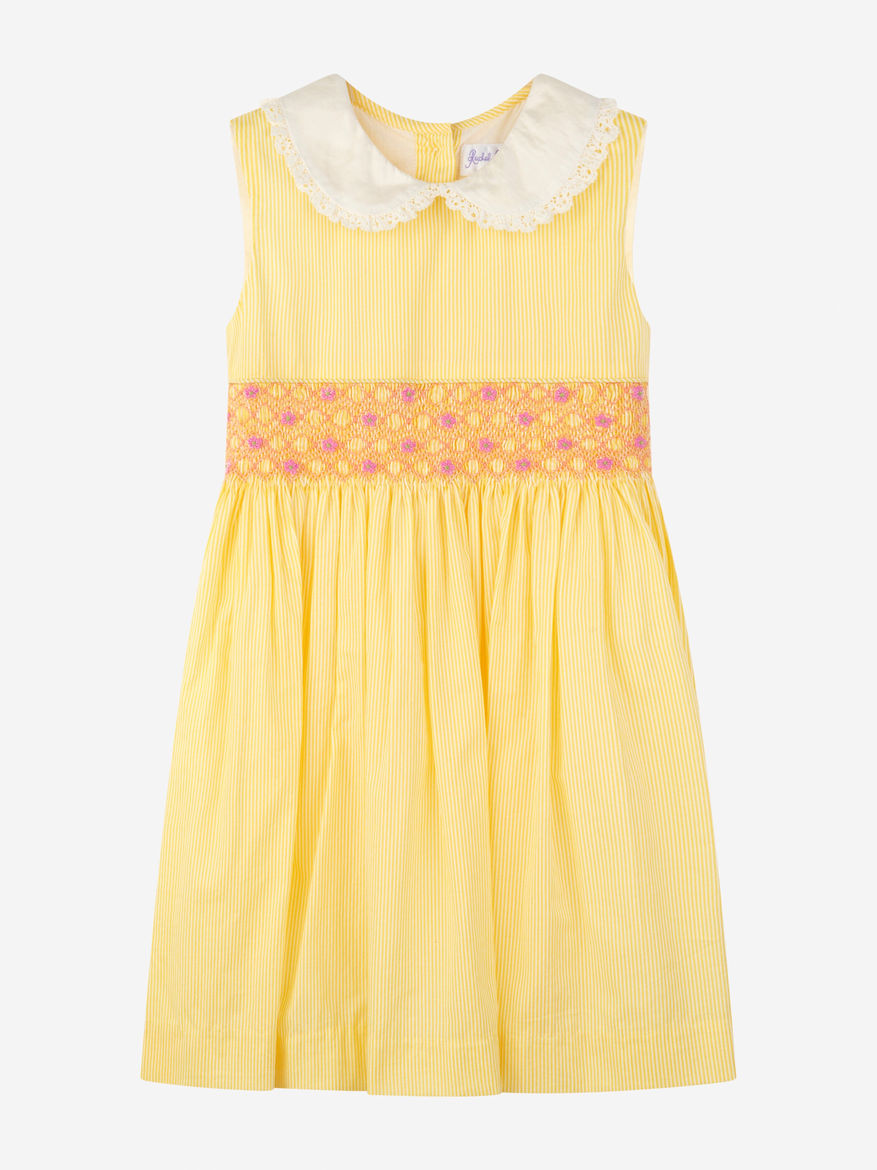 Rachel Riley Girls Pinstripe Smocked Dress in Yellow