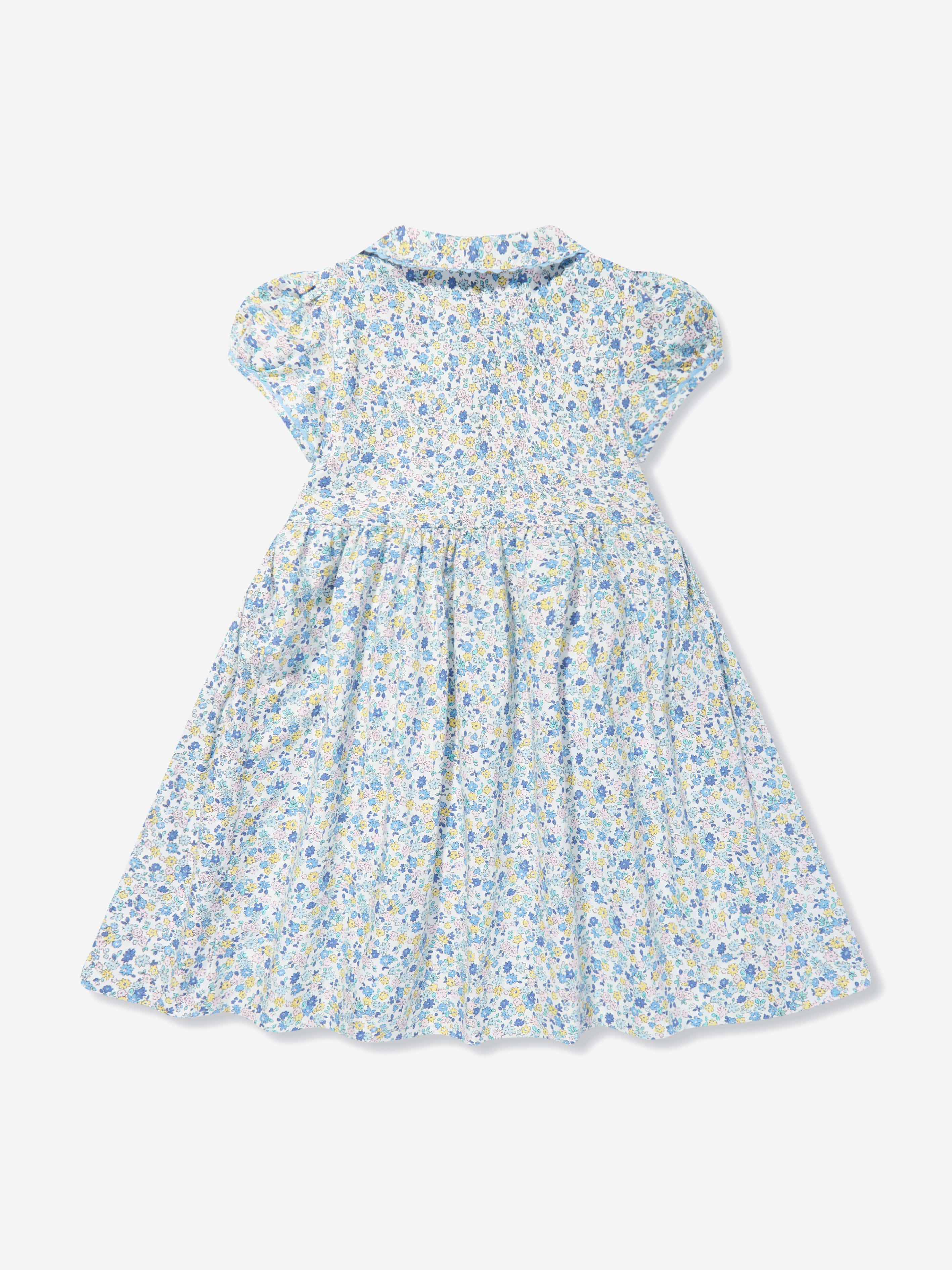 Rachel Riley Girls Floral Smocked Button Front Dress in Multicolour