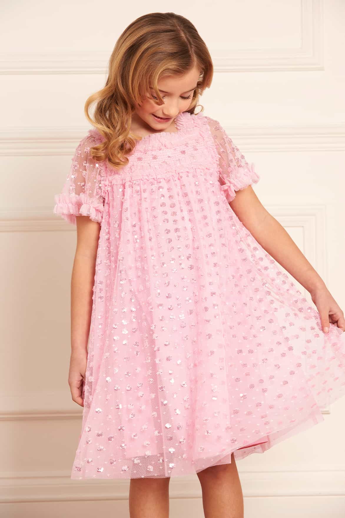 Needle & Thread Girls Raindrop Smocked Dress in Pink