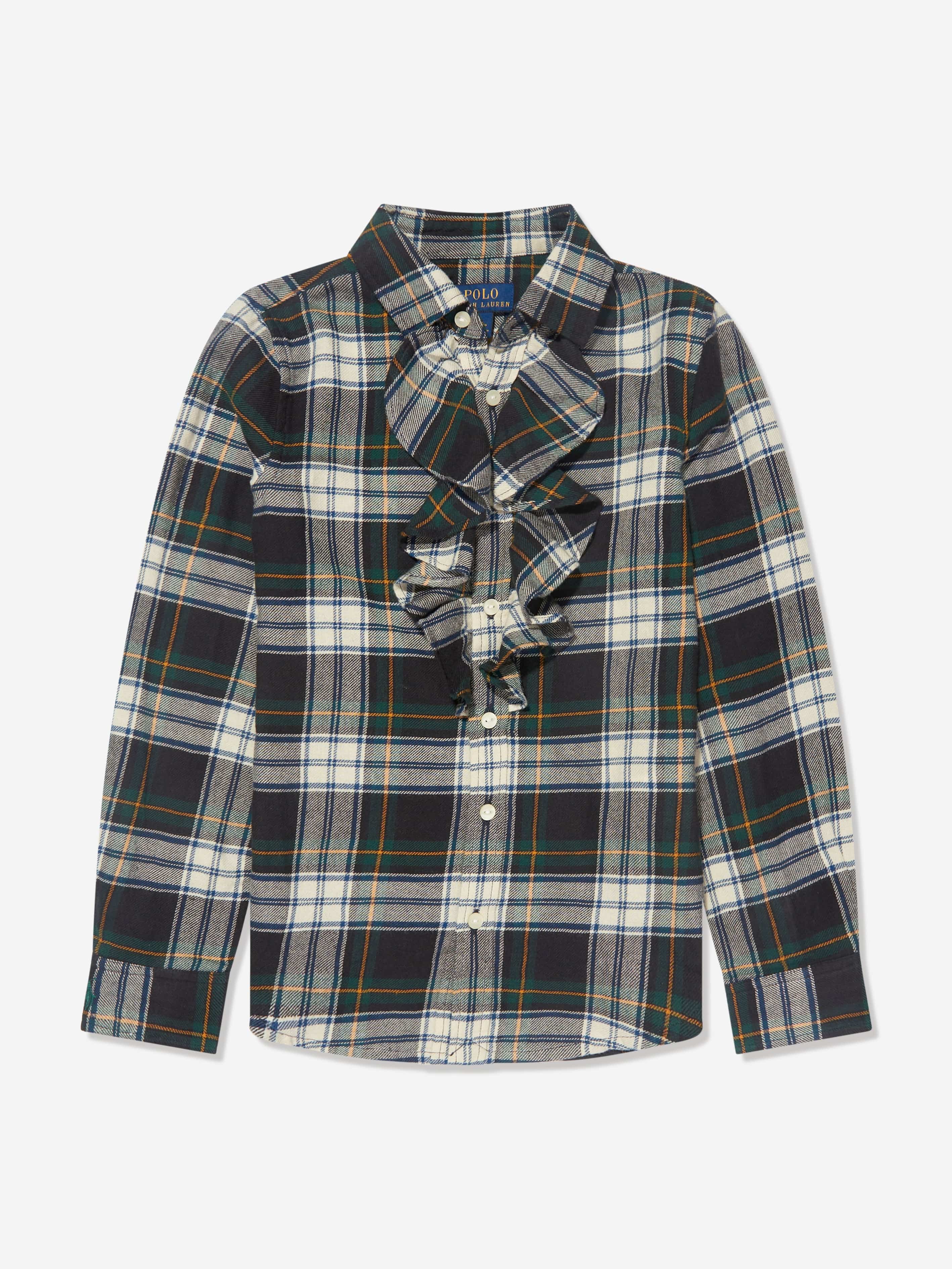 Ralph Lauren Girls Plaid Ruffle Shirt in Green