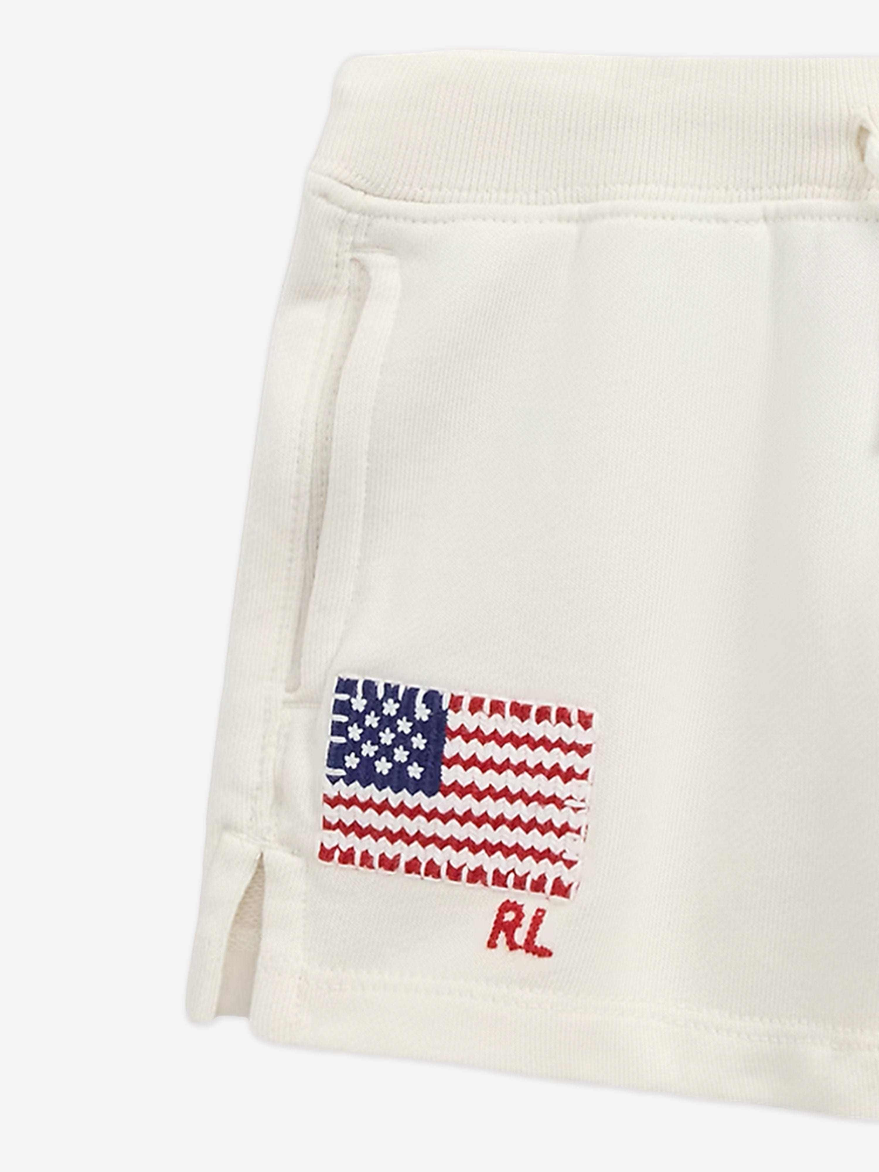 Ralph Lauren Girls Loopback Terry Flag Shorts in Ivory