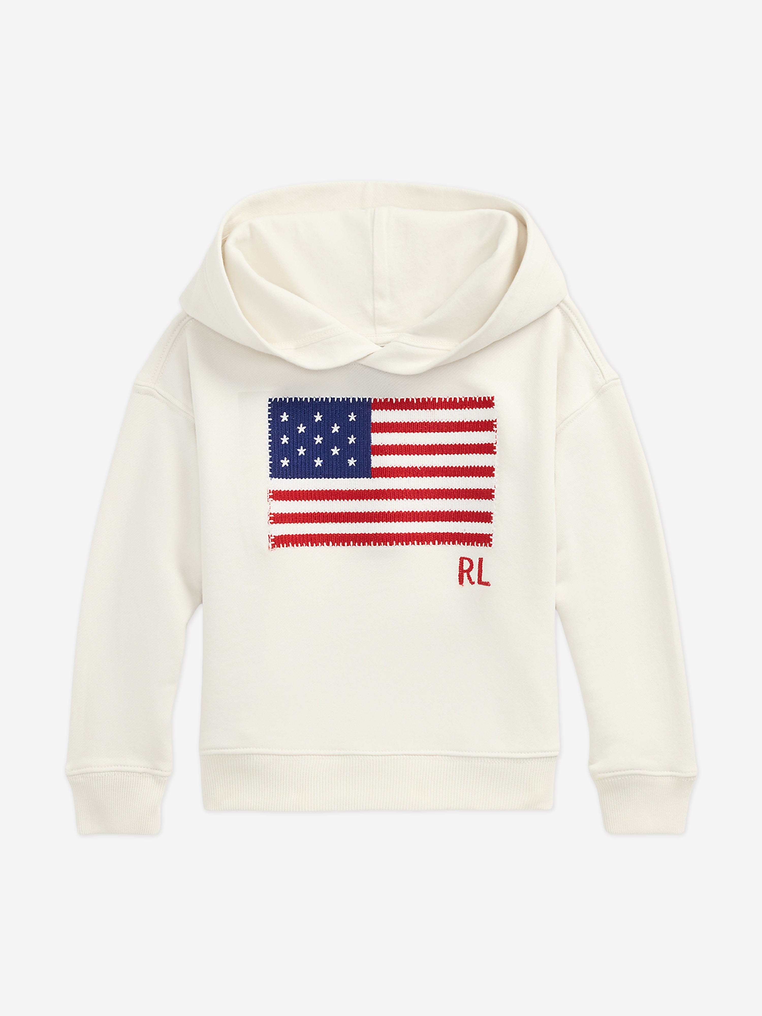 Ralph Lauren Girls Loopback Terry Flag Hoodie in Ivory