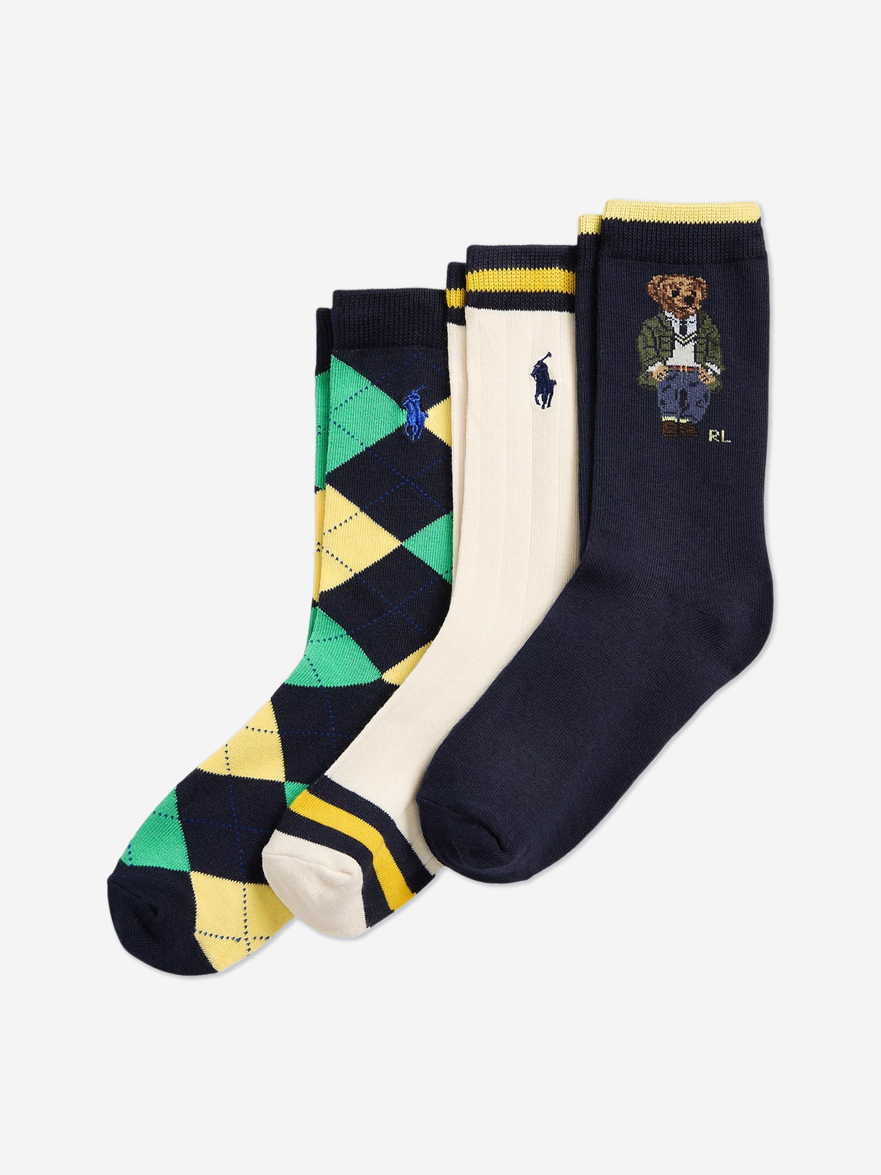 Ralph Lauren Boys 3 Pack Bear Socks Set in Multicolour