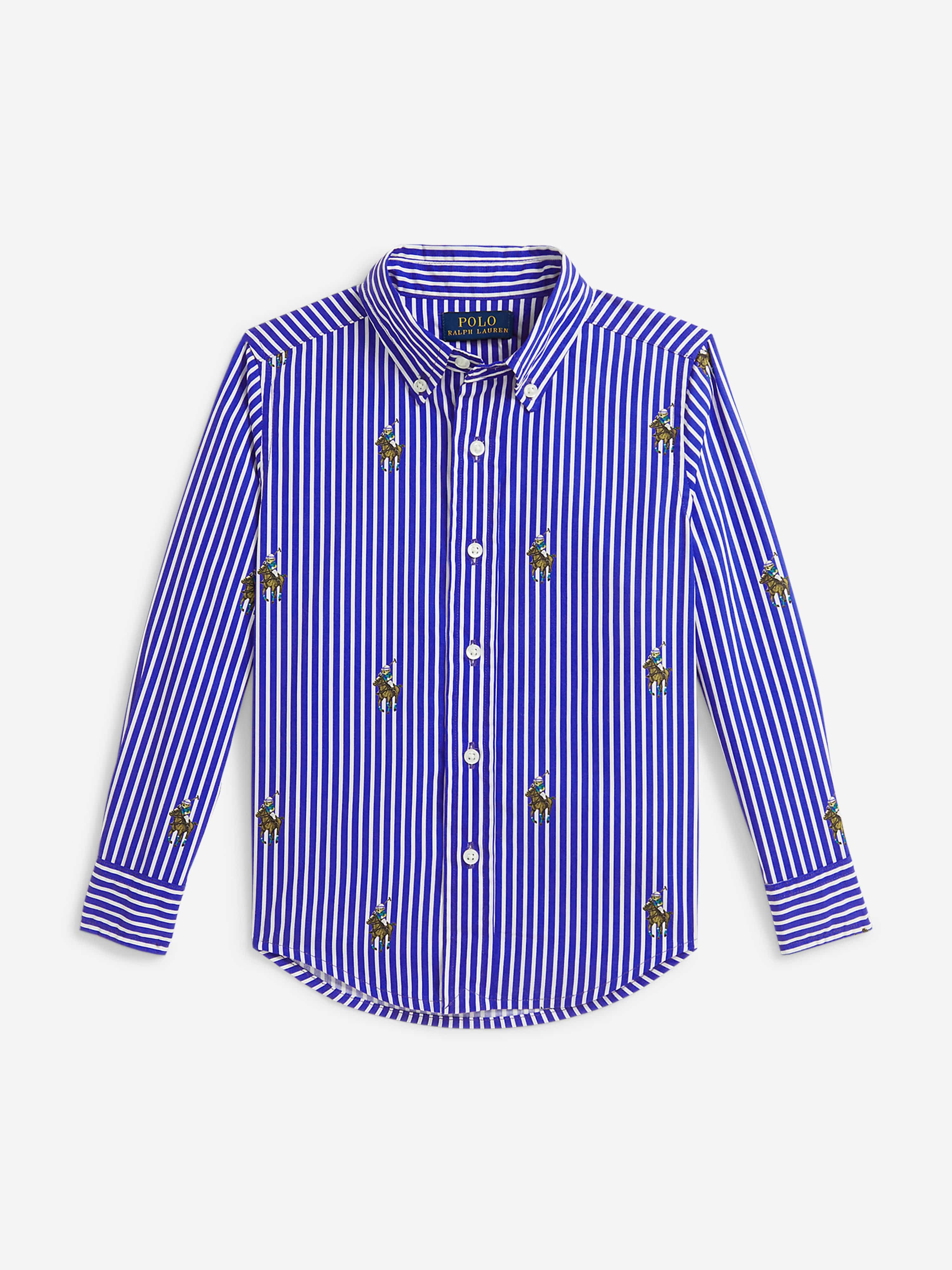Ralph Lauren Boys Equestrian Bear Stripe Shirt in Blue