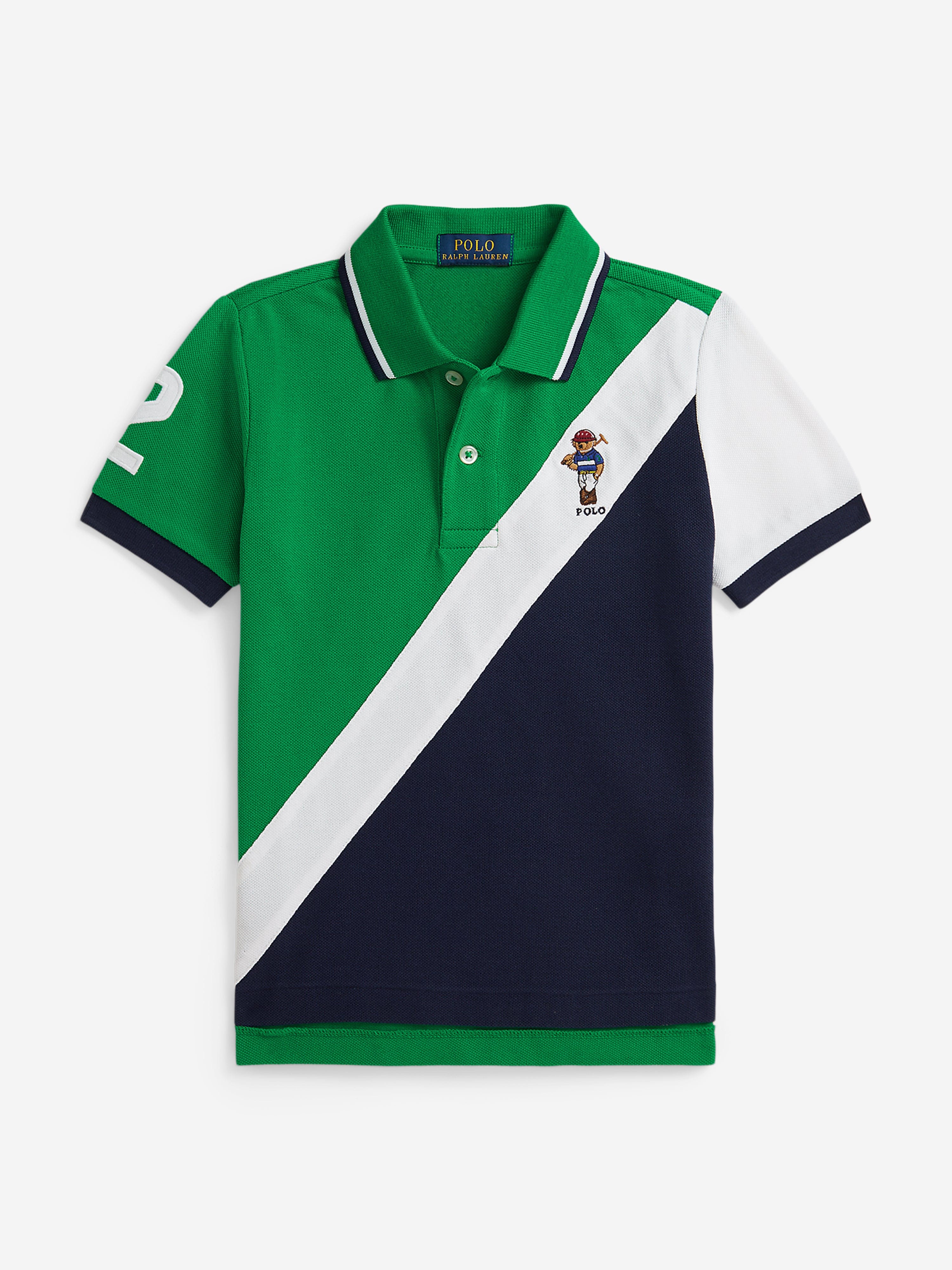 Ralph Lauren Boys Diagonal Stripe Bear Polo Shirt in Green