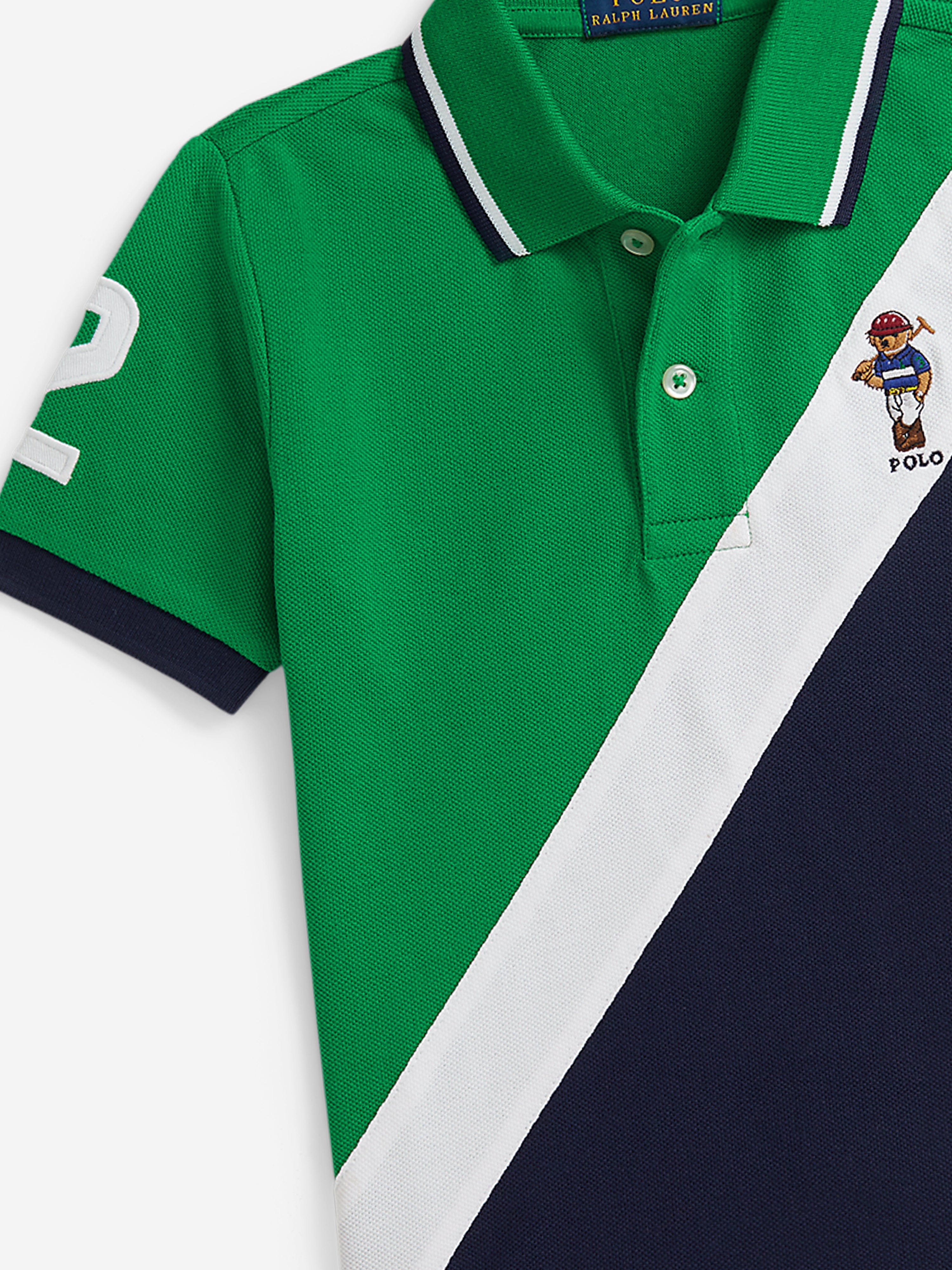 Ralph Lauren Boys Diagonal Stripe Bear Polo Shirt in Green