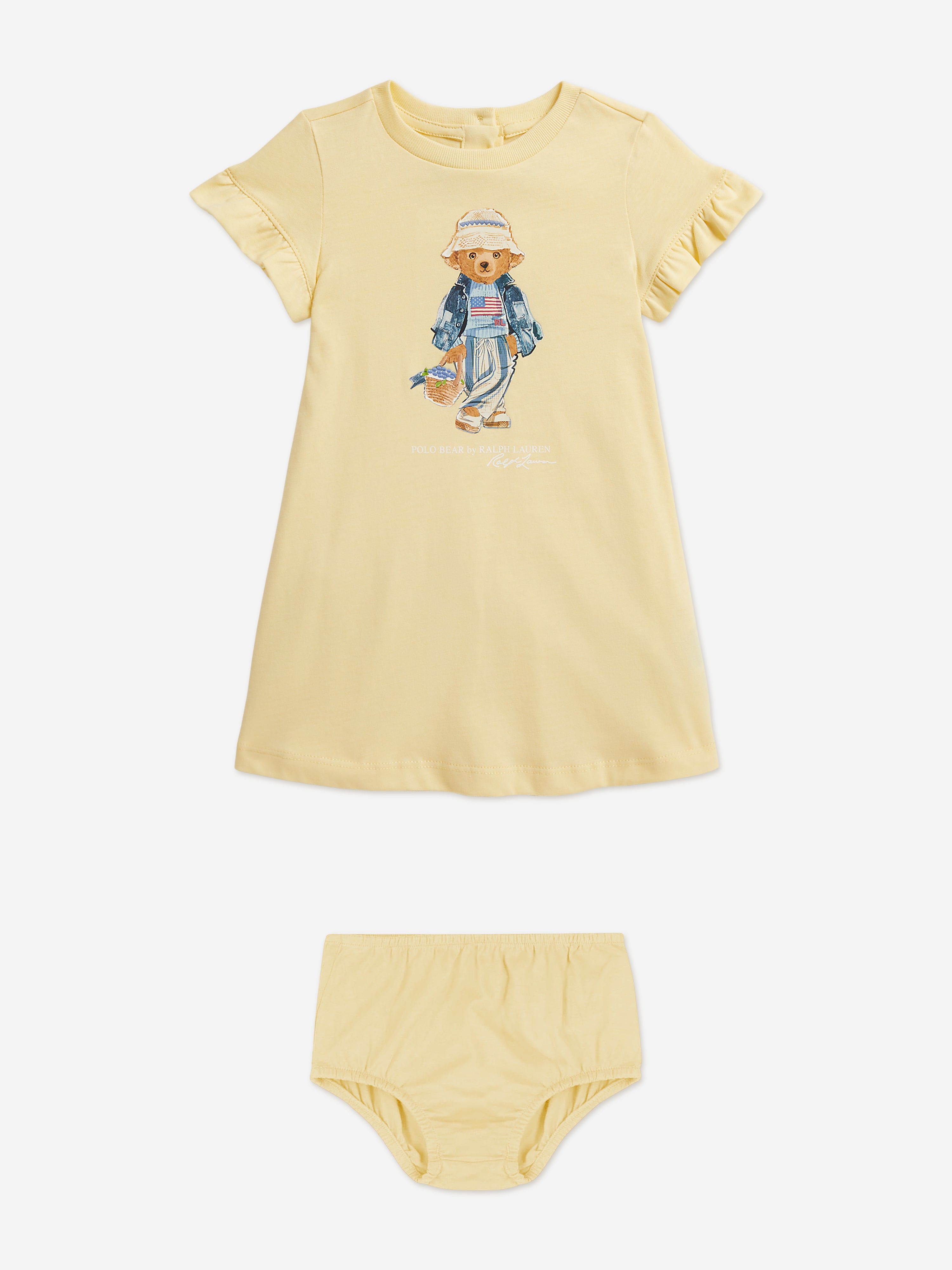 Ralph Lauren Baby Girls Polo Bear Jersey Dress in Yellow