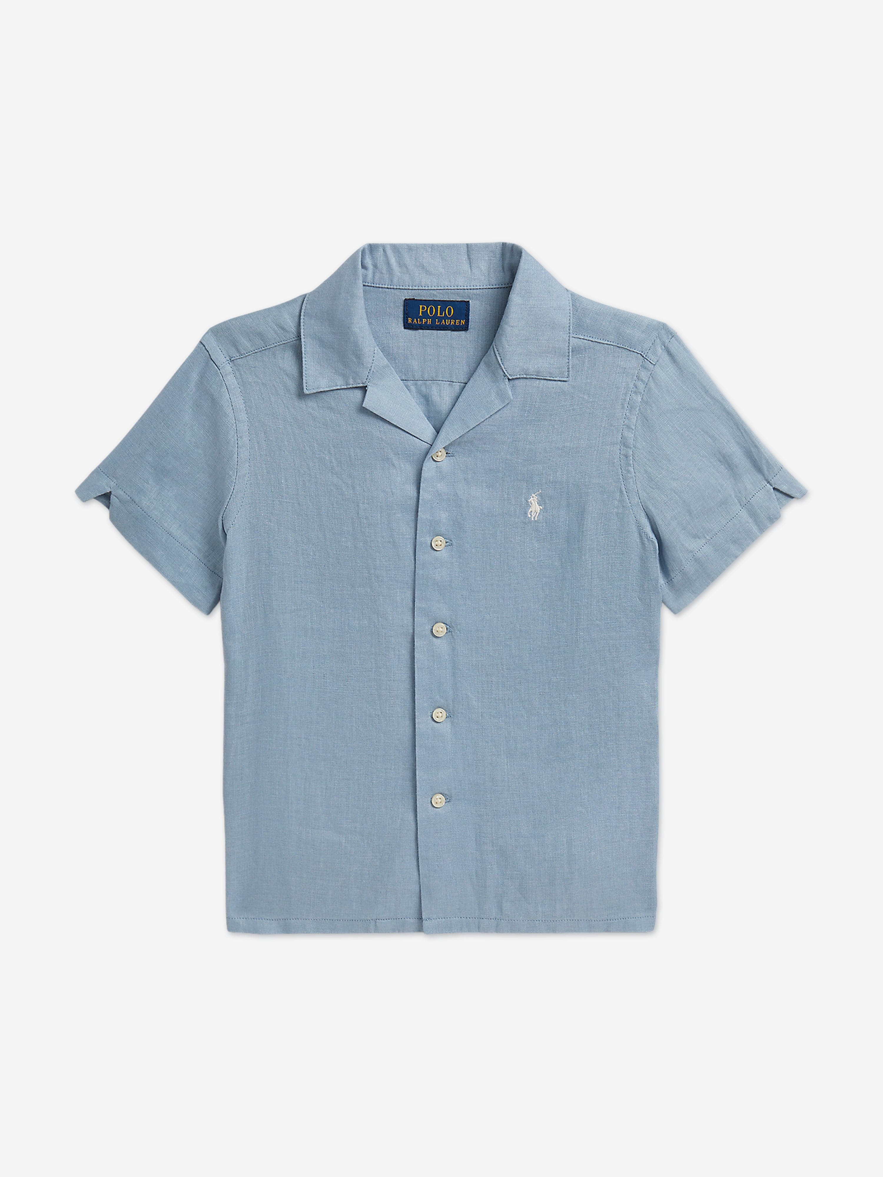 Ralph Lauren Boys Linen Logo Shirt in Blue