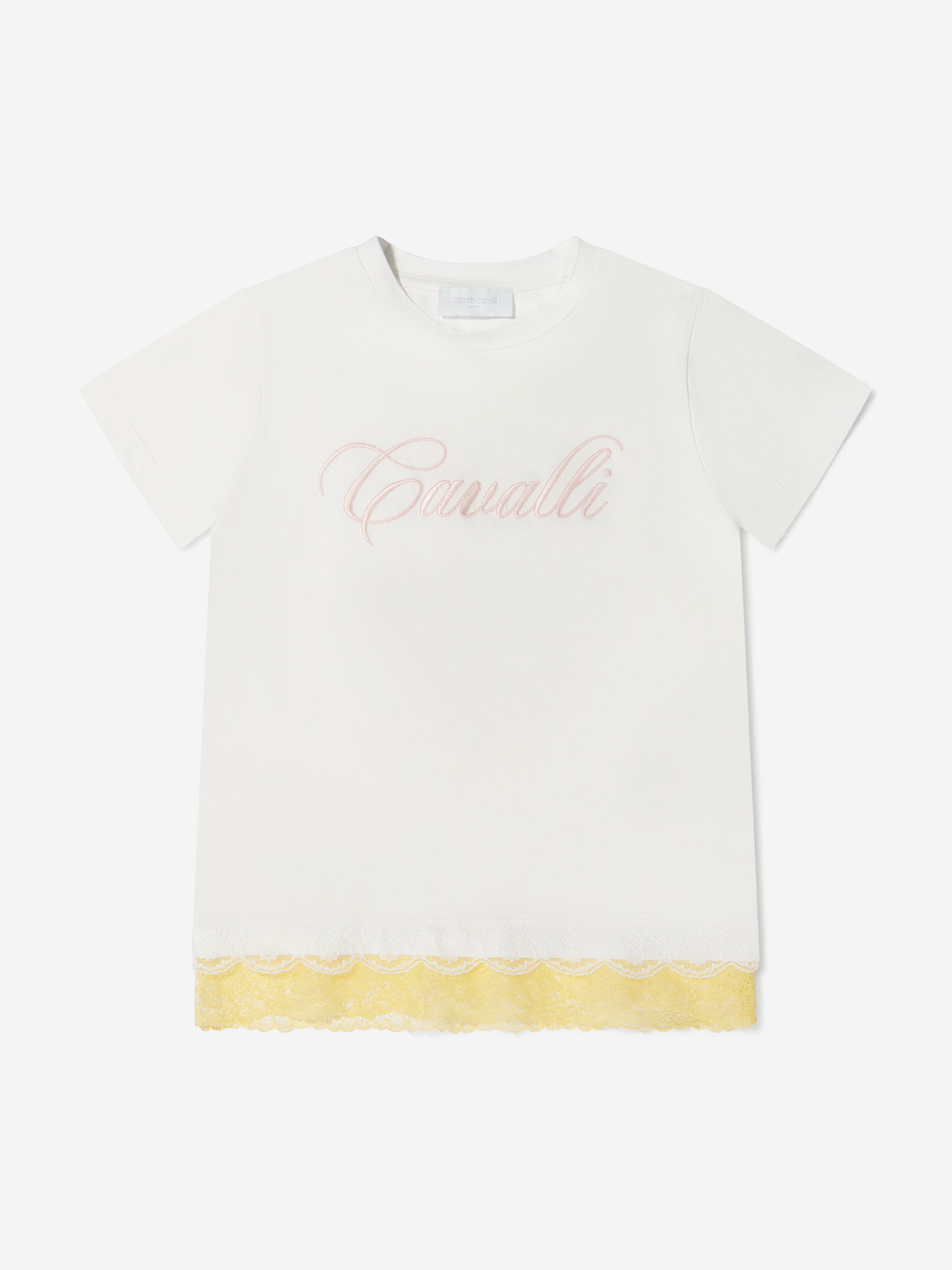 Roberto Cavalli Girls Cotton Logo T-Shirt With Lace Hem