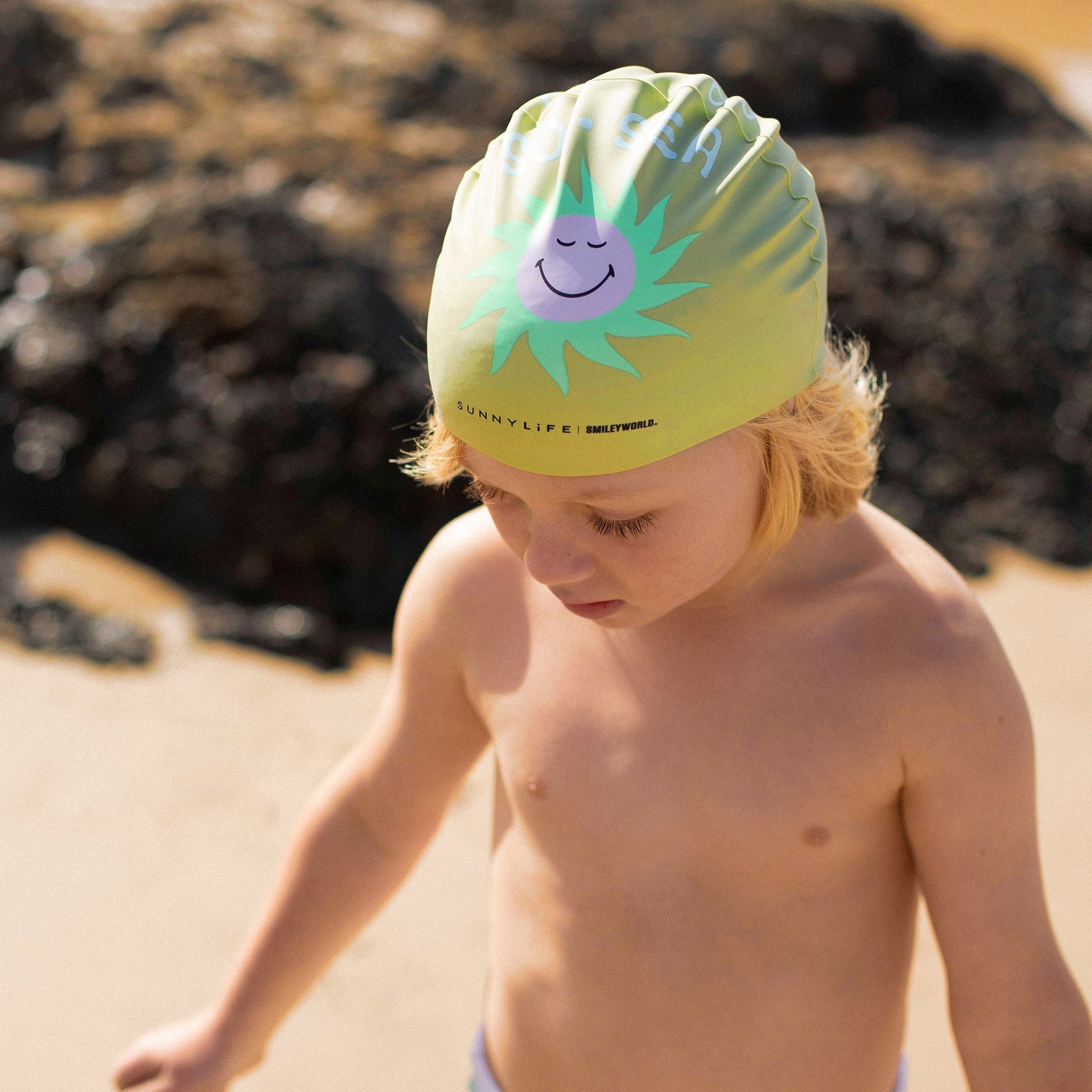 Sunnylife Kids Smiley World Swimming Cap in Green