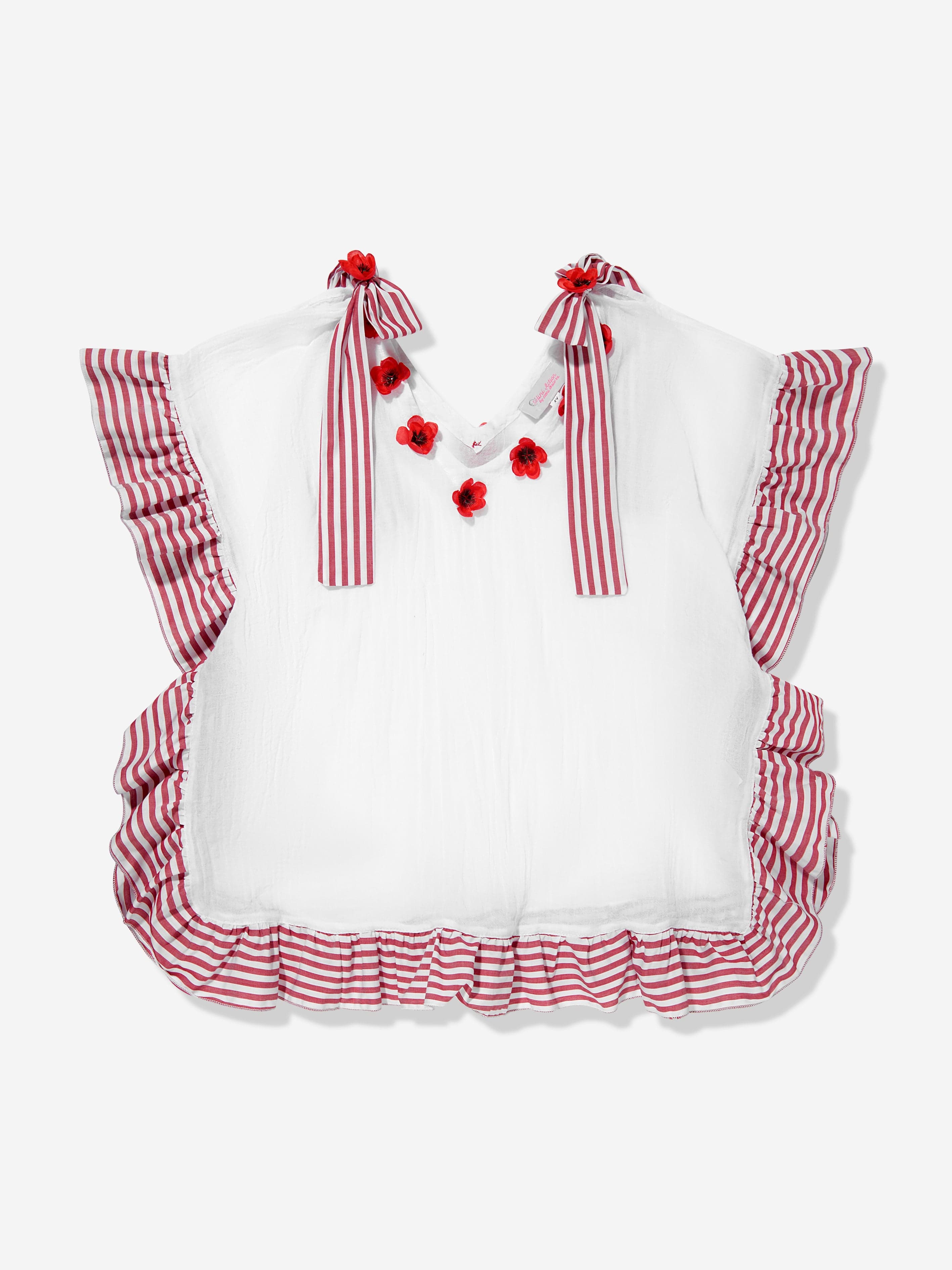Selini Action Girls Striped Ruffle Poppy Flower Kaftan in White