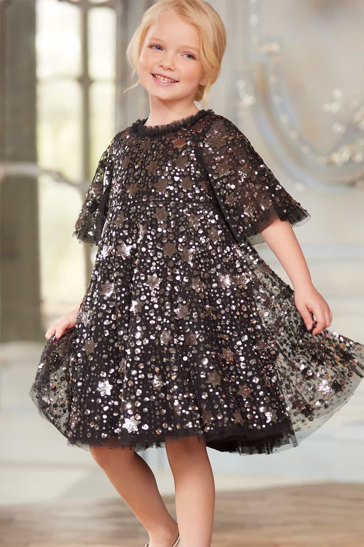 Needle & Thread Girls Shooting Stars Dress in Black