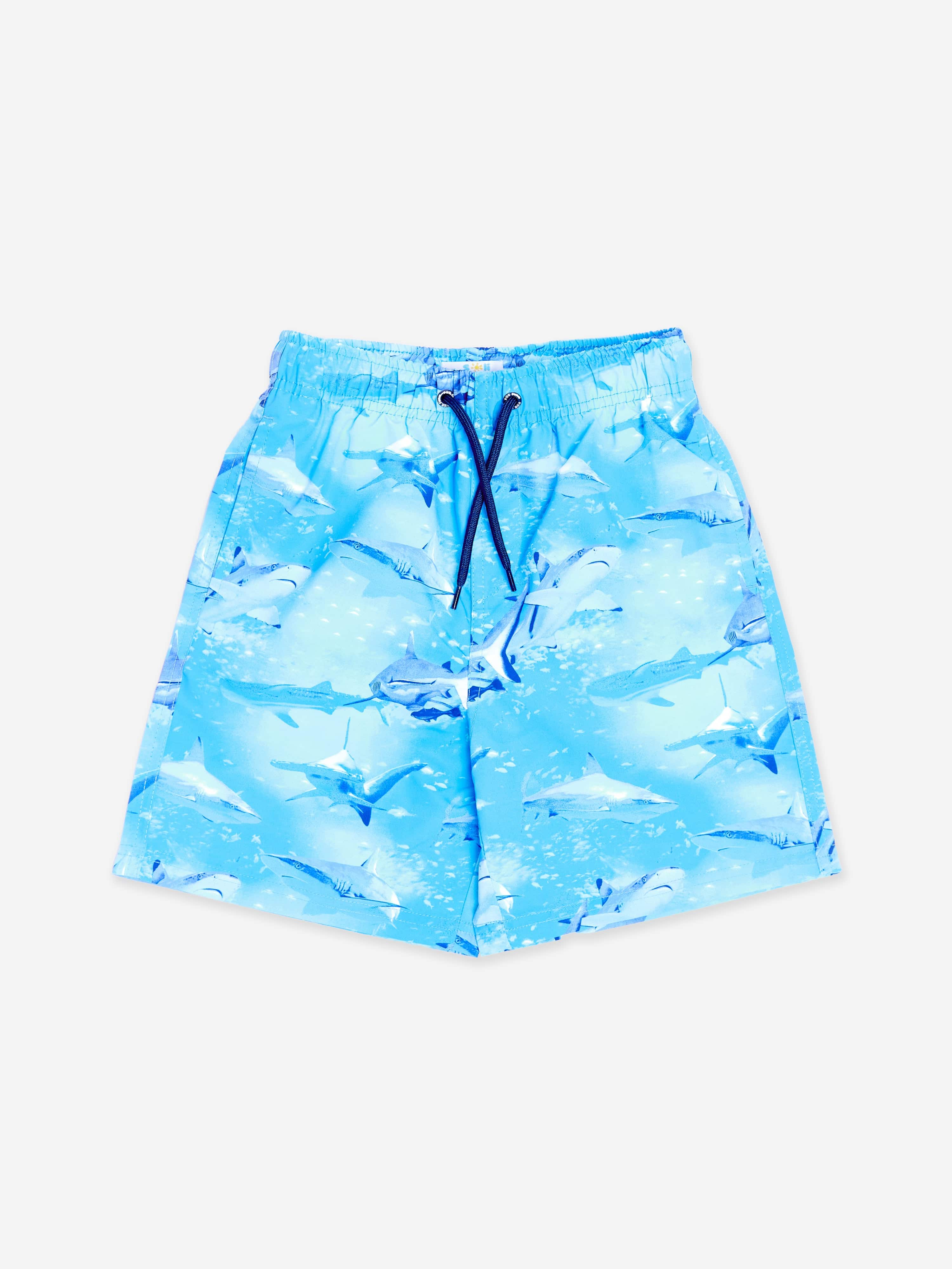 Soli Swim Boys Shark Beach Shorts in Blue (UPF50+)