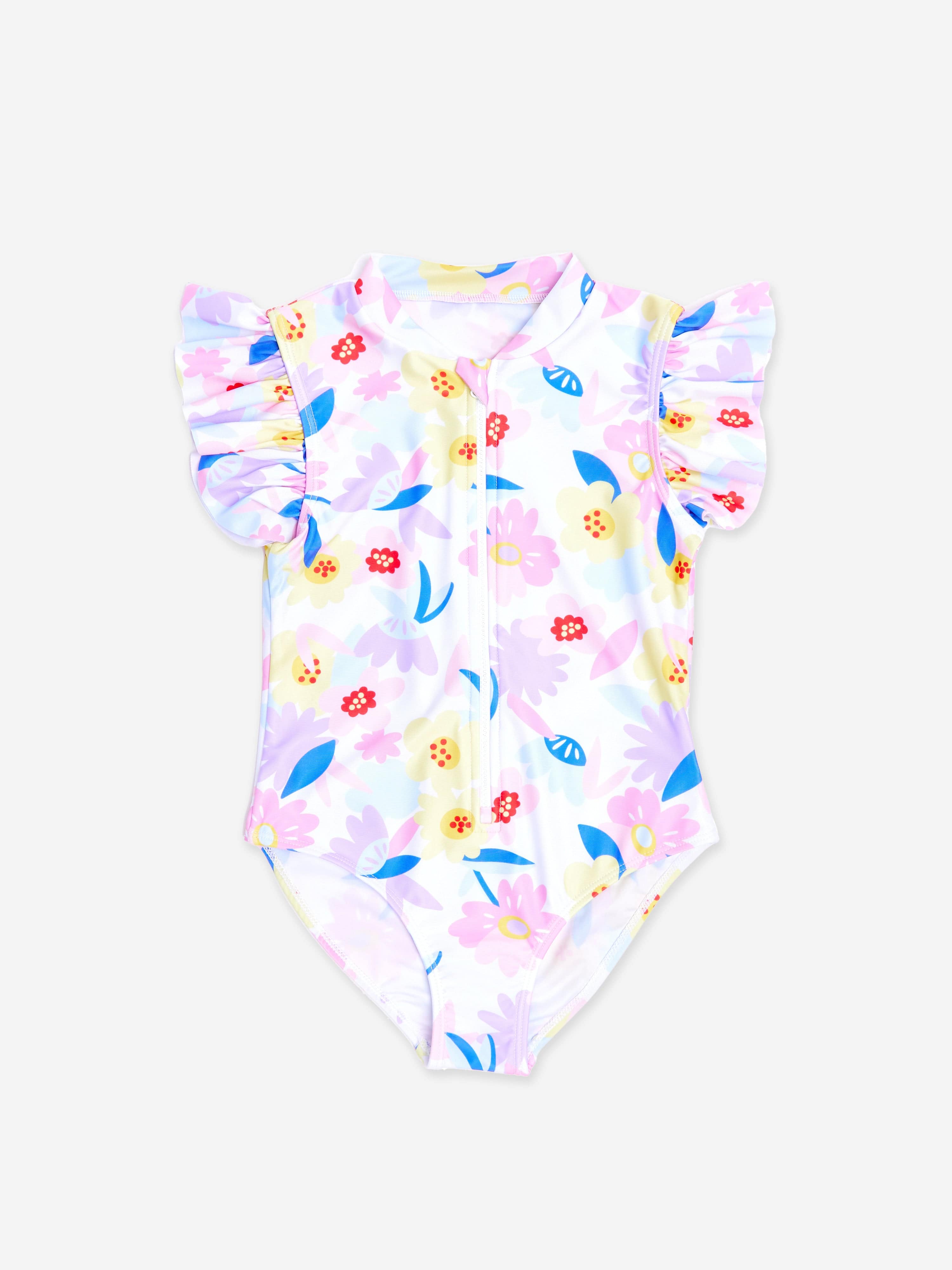Soli Swim Girls Flower Swimsuit in White (UPF50+)
