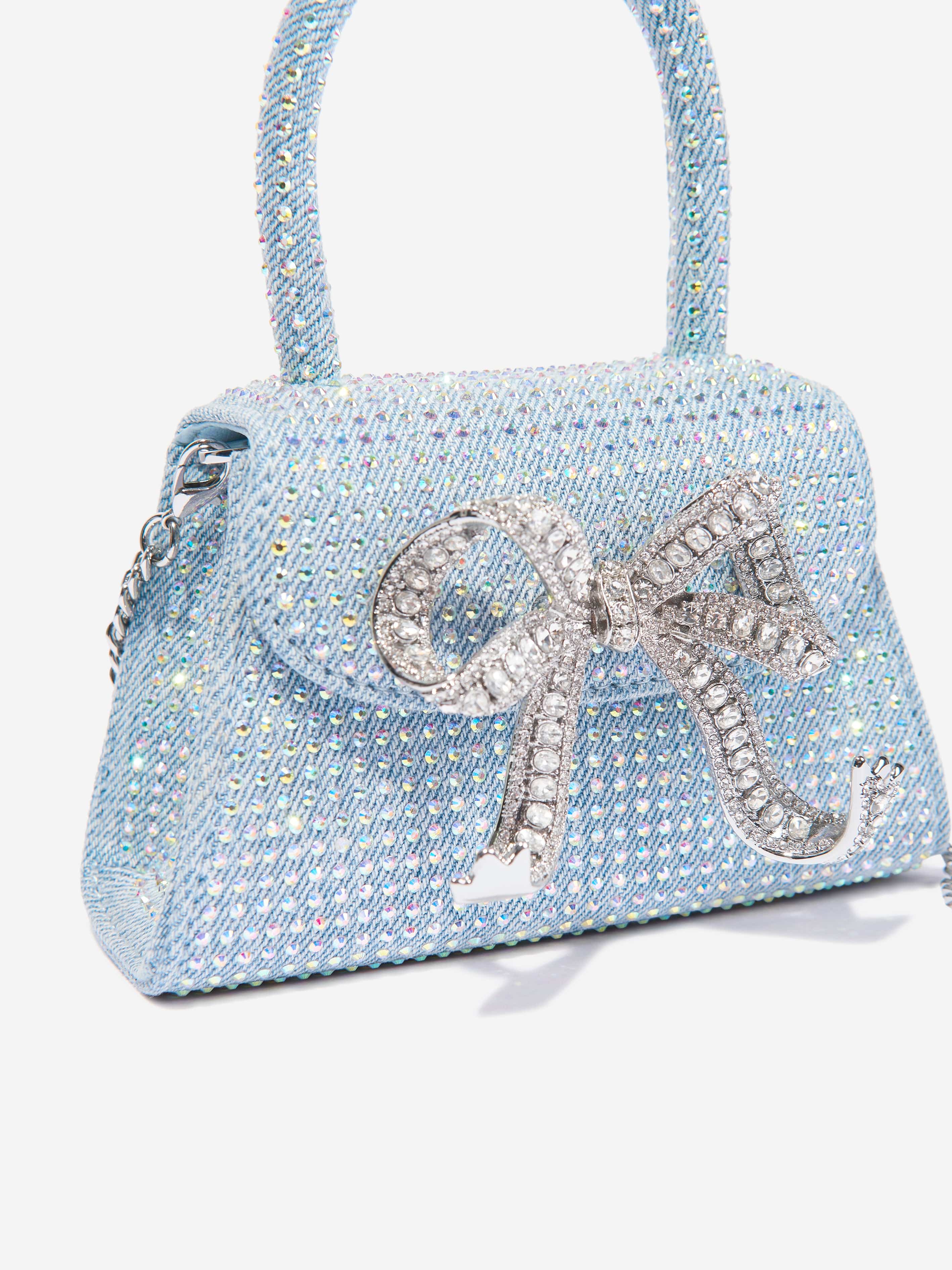 Self Portrait Girls Rhinestone Denim Micro Bag in Blue (14cm)