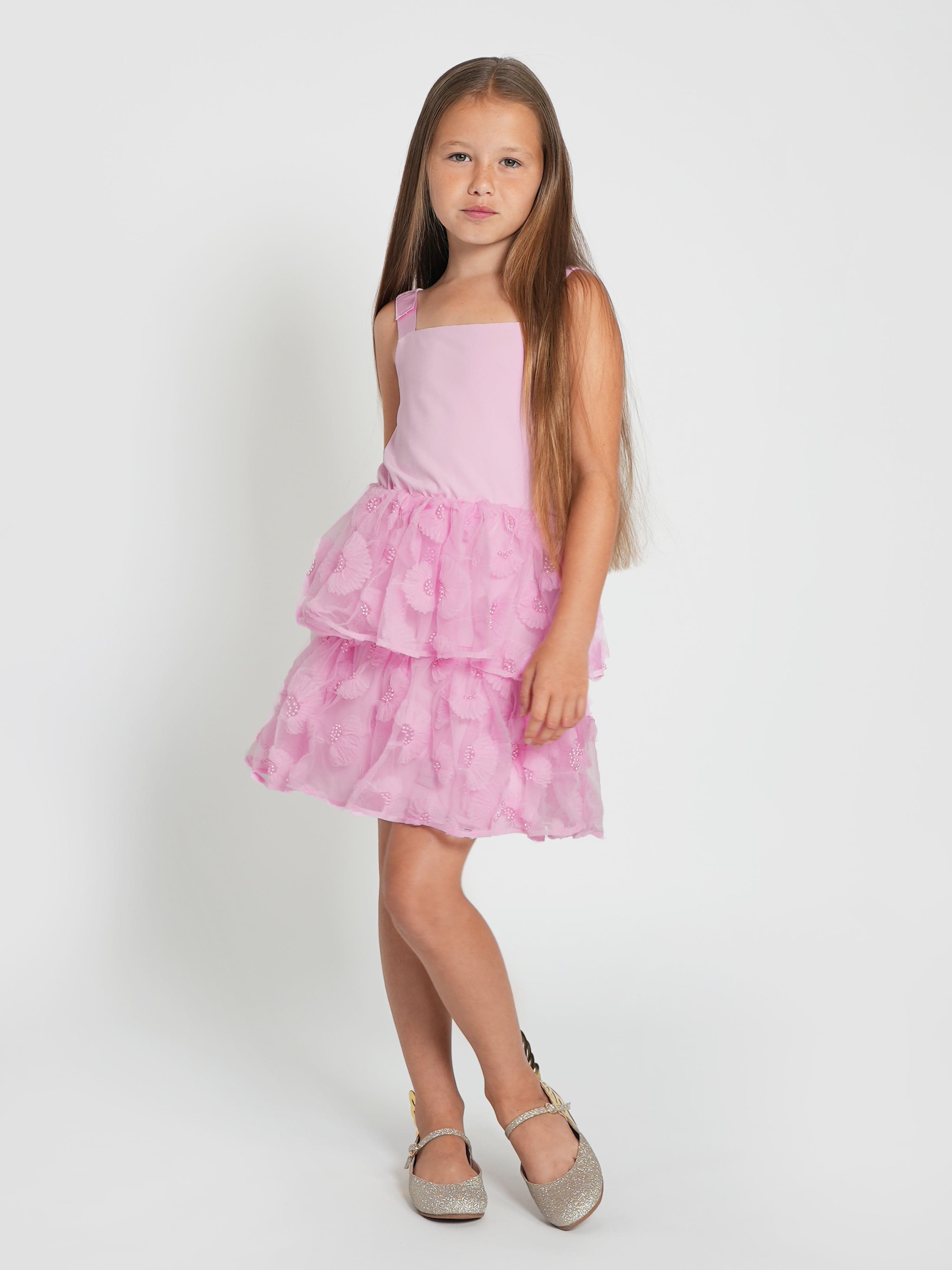 Self Portrait Girls Jersey and Tulle Dress in Pink