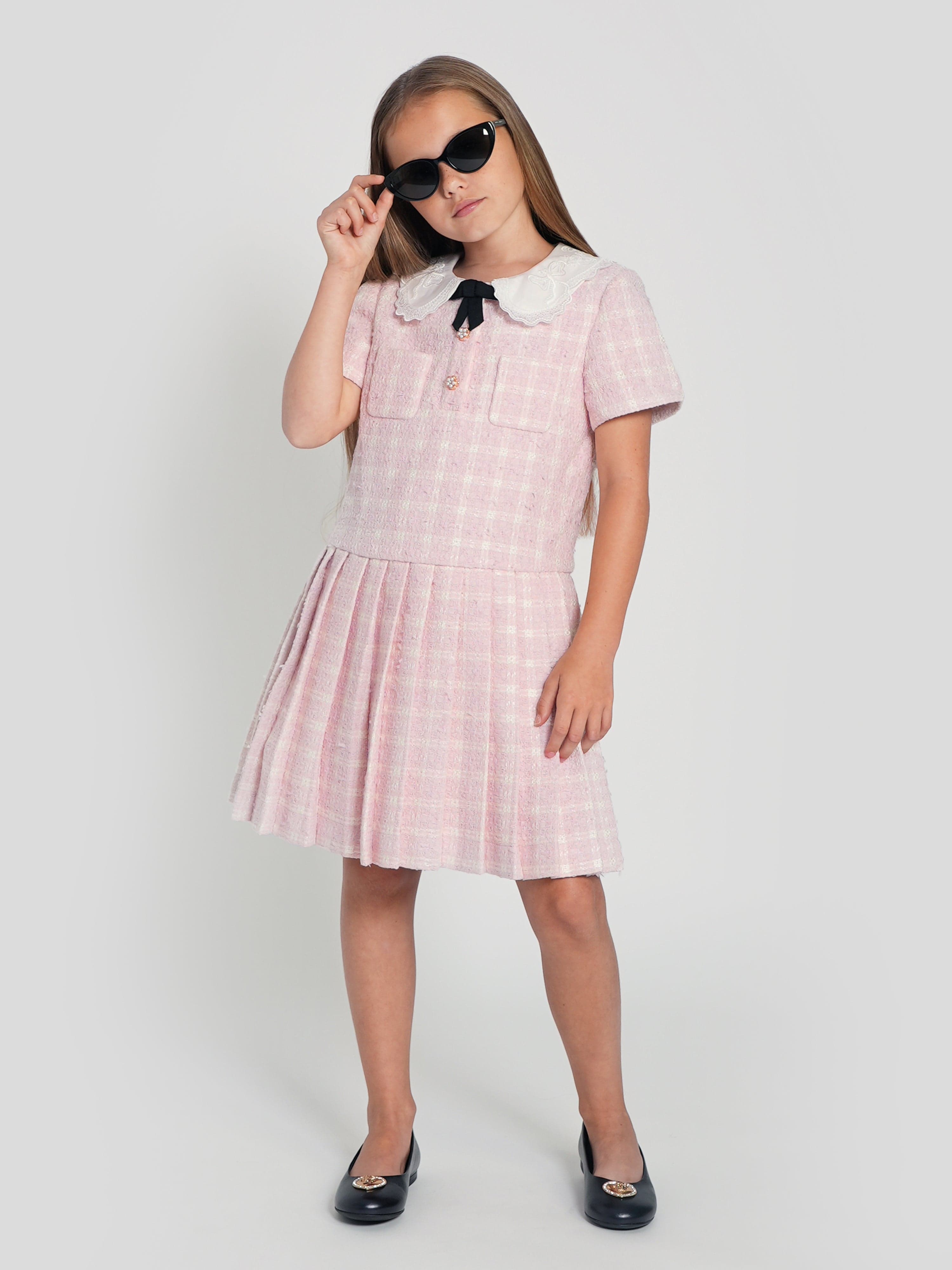 Self Portrait Girls Check Boucle Mini Dress in Pink