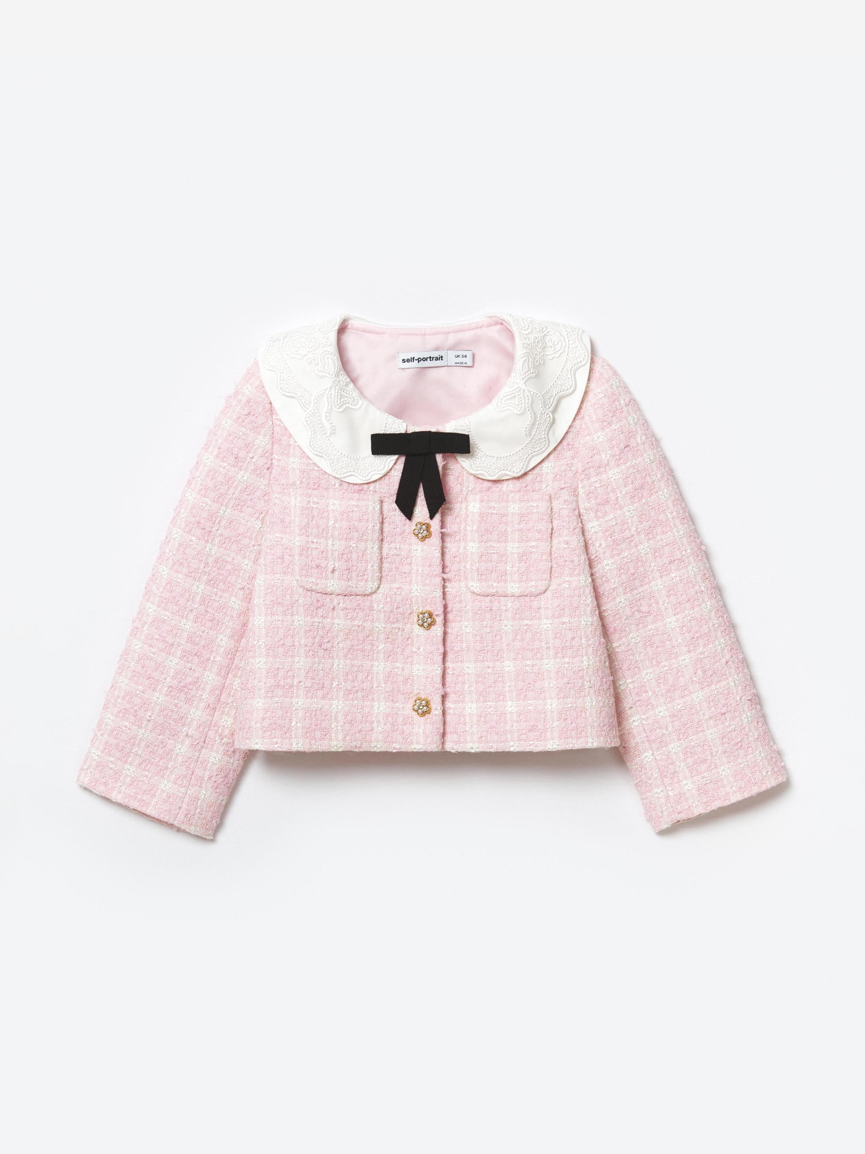 Self Portrait Girls Check Boucle Jacket in Pink