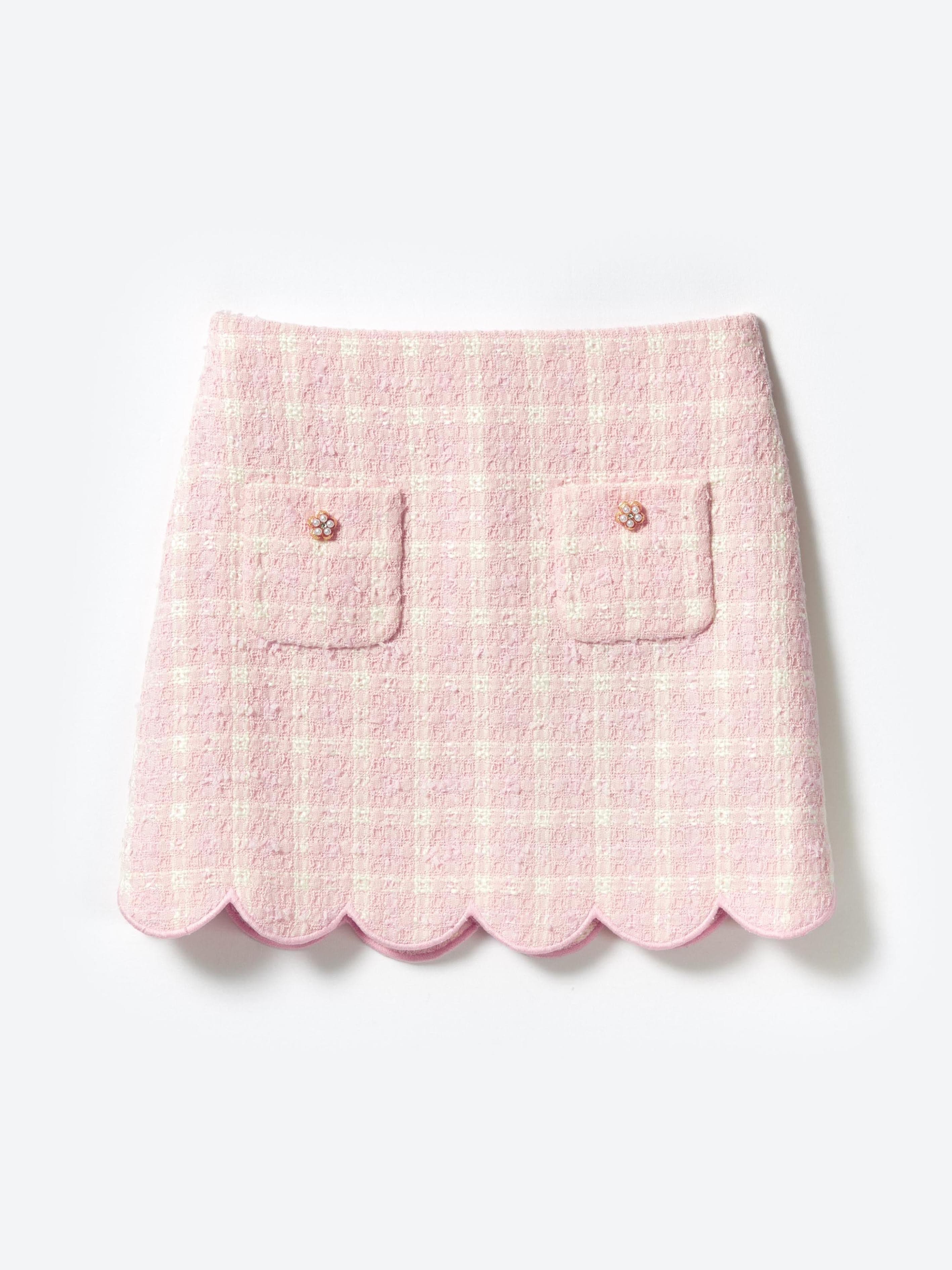 Self Portrait Girls Check Boucle Skirt in Pink