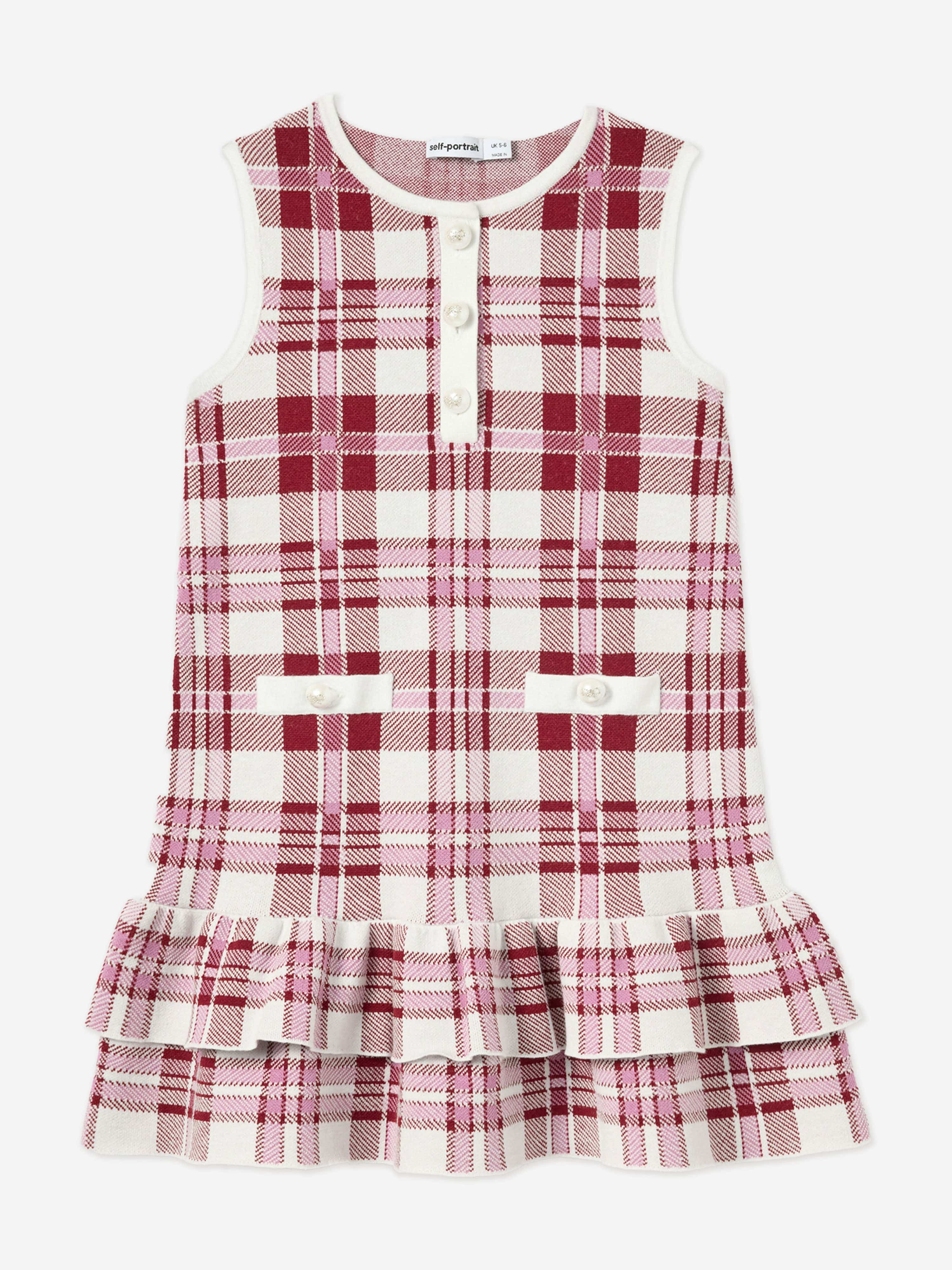 Self Portrait Girls Check Knit Dress in Red