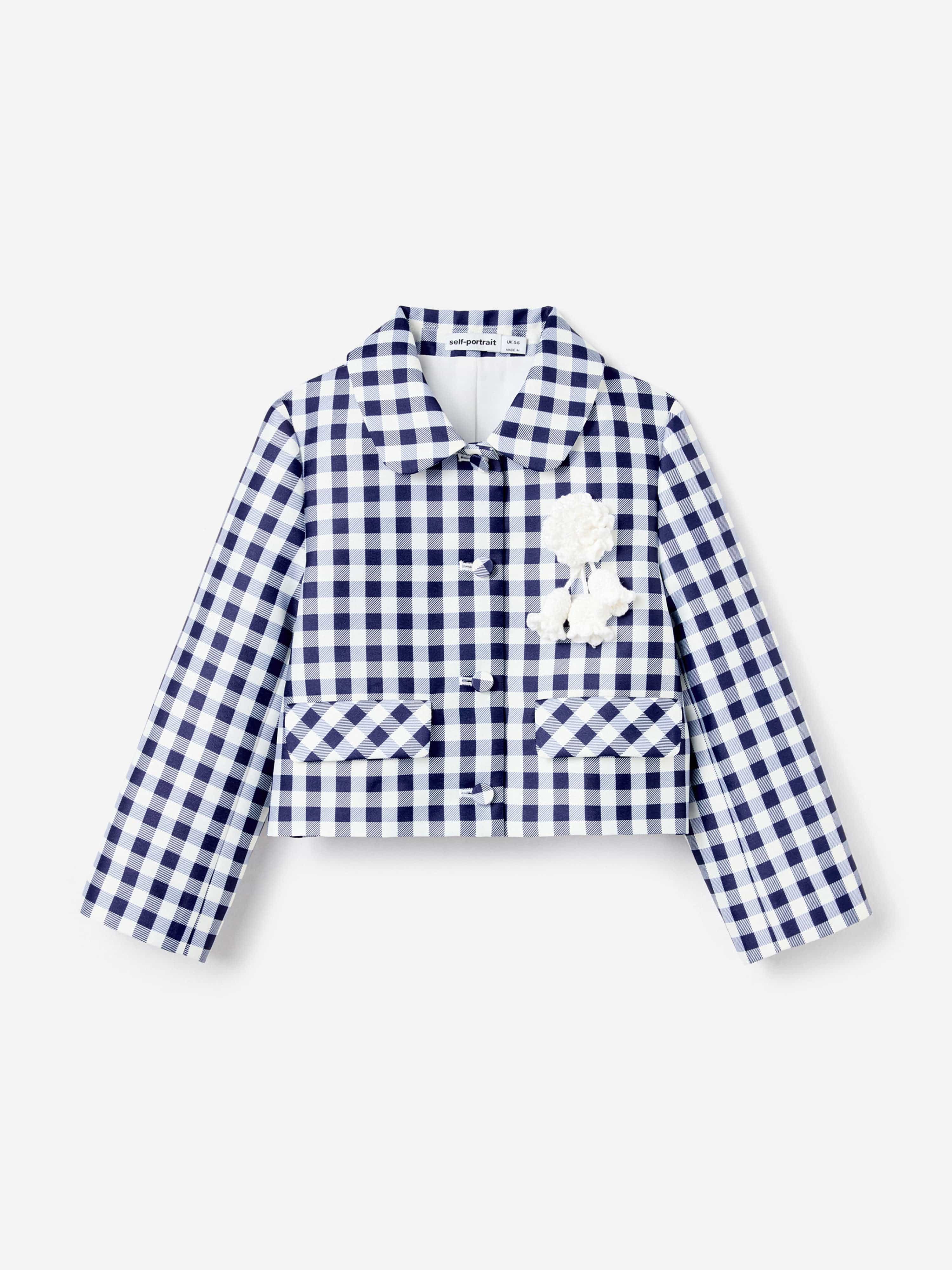 Self Portrait Girls Gingham Taffeta Jacket in Navy