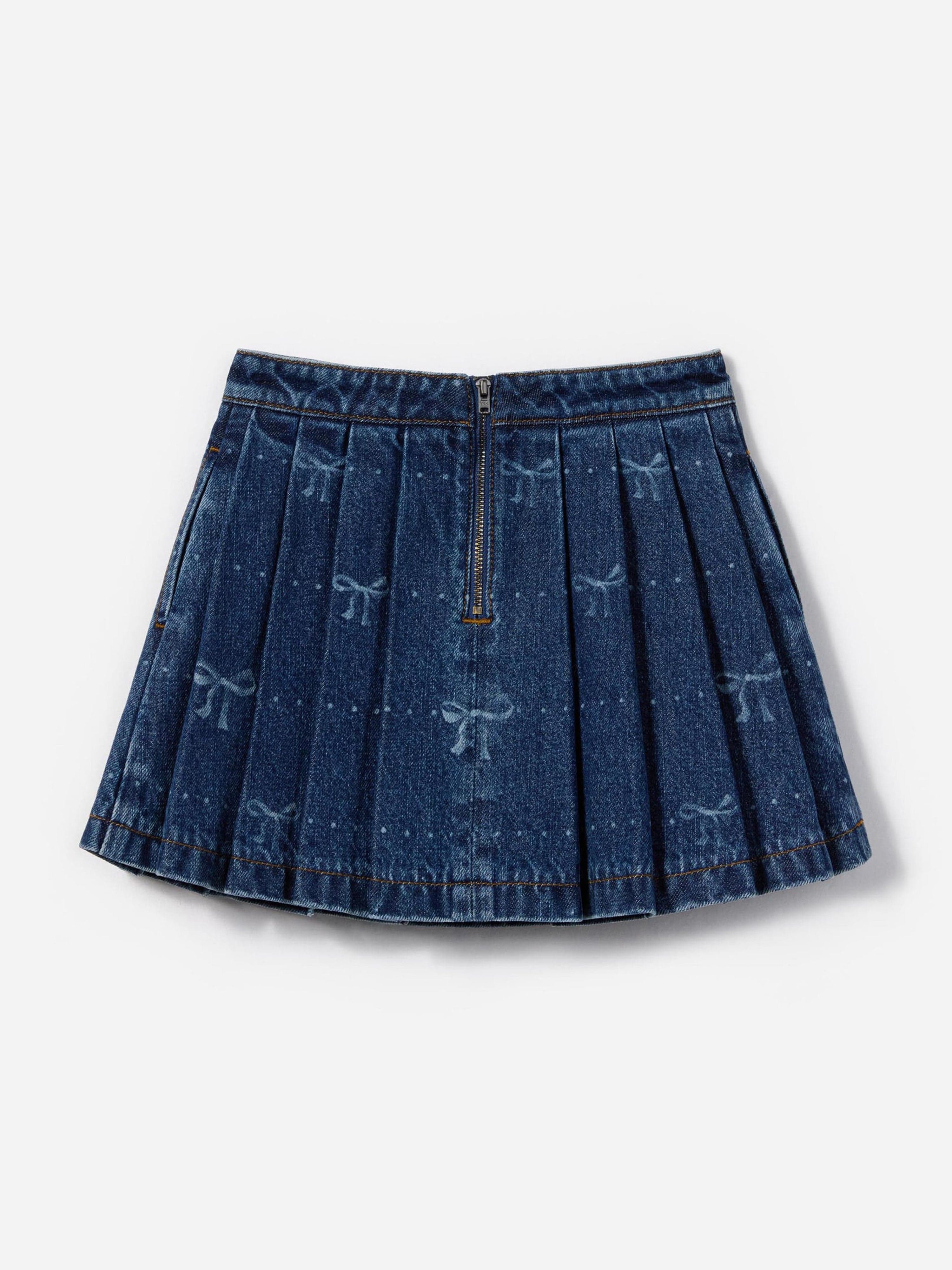 Girls Denim Bow Print Skirt in Blue