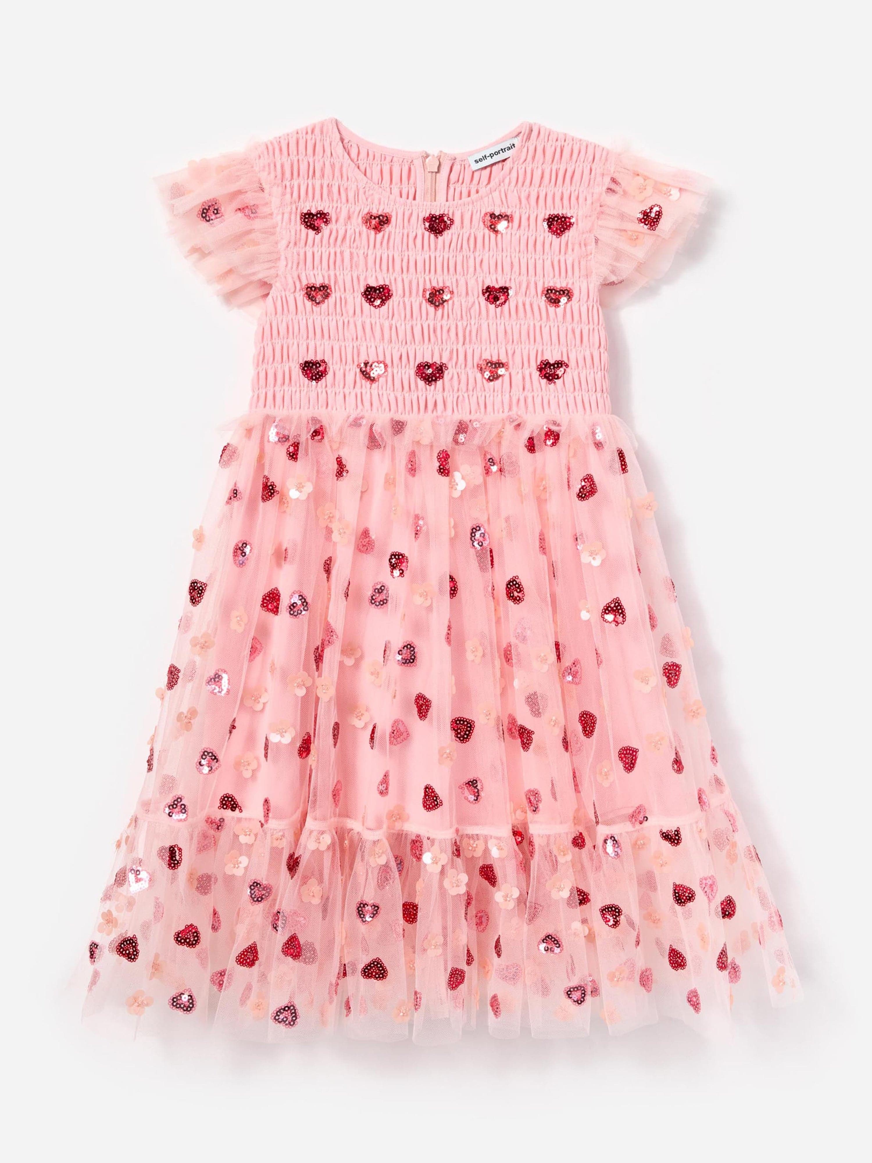 Girls Mesh Heart Sequin Dress in Pink